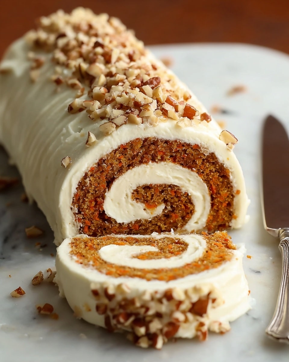 A rolled cake slice shows multiple layers, with a light brown sponge dotted with small orange bits rolled together with smooth, creamy white frosting forming a spiral pattern inside; the outside is covered thickly with the same white frosting, topped with small, crispy light brown crumbs spread all over the top. The cake rests on a white plate, against a white marbled background. photo taken with an iphone --ar 4:5 --v 7