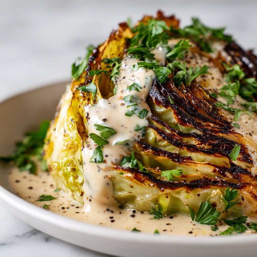 The image shows a close-up of a roasted cabbage wedge with about five visible leafy layers, each layer golden-brown and crispy on the edges, with soft yellow tones inside. A creamy mustard sauce with specks of black pepper covers the top center of the cabbage and flows down onto the plate. Fresh green chopped parsley is sprinkled on the sauce and cabbage for a fresh contrast. The cabbage is served on a smooth, round white plate with a white marbled background. photo taken with an iphone --ar 4:5 --v 7