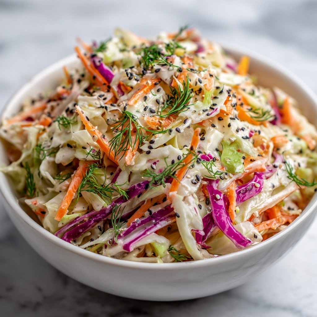 A close-up view of a fresh coleslaw dish served in a white bowl, showing two main layers of shredded vegetables. The bottom layer consists of pale green cabbage strips, while the top layer has bright orange carrot sticks mixed with thin purple onion slices, all coated lightly with a creamy dressing. Speckled black sesame seeds and small green herb pieces are sprinkled evenly on top, adding color and texture. The bowl sits on a wooden board over a white marbled surface with a black woven mat partially visible in the background, and a blurred mixing bowl and fork set off to the side. Photo taken with an iphone --ar 4:5 --v 7