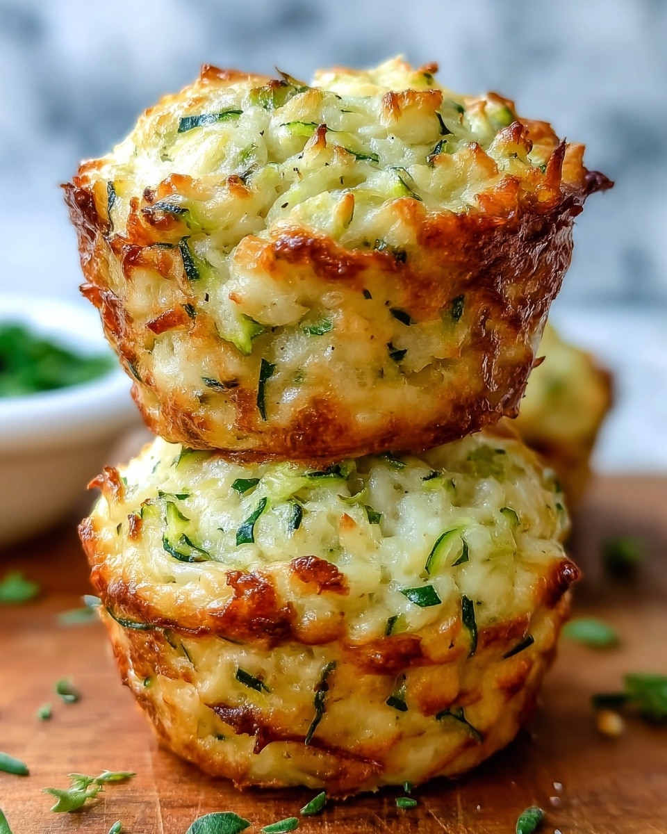 Two zucchini muffins are stacked on top of each other on a white plate, set against a white marbled background. The muffins have a golden-brown crust with hints of deeper brown where they are crispier, while the inside is light yellow with visible soft white and green zucchini shreds and scattered bits of herbs. The top muffin has a bite taken out, showing a moist and fluffy texture with pieces of green zucchini and herbs throughout. Small green herb pieces are sprinkled lightly around the plate. Photo taken with an iphone --ar 4:5 --v 7