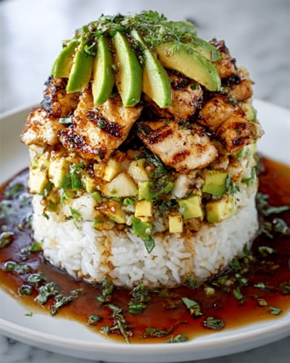 The dish shows a tall tower of food on a white plate, set on a white marbled surface. The base layer is a round mound of white rice, soft and fluffy. On top of this is a thick layer of mixed diced avocado and grilled chicken pieces, green and golden brown with a slightly crispy texture. Small chopped green herbs are sprinkled over this middle layer, adding fresh color. The top layer consists of larger avocado slices arranged like a fan and more grilled chicken with grilled marks, giving the dish height and a rich texture. Around the plate and dripping down from the layers is a shiny, dark brown sauce with green herb pieces scattered on it. The photo taken with an iphone --ar 4:5 --v 7