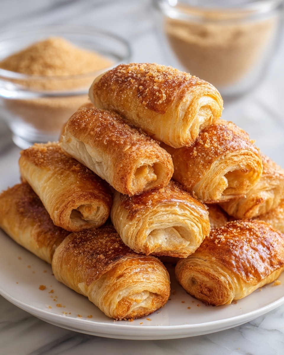 A white plate is filled with multiple rolled pastries stacked in two layers, each pastry golden brown and showing a flaky, textured surface with slight cracks and sugar granules visible. The background features a white marbled texture, and behind the plate, a clear glass bowl containing light brown sugar is partially visible. The photo was taken with an iPhone --ar 4:5 --v 7