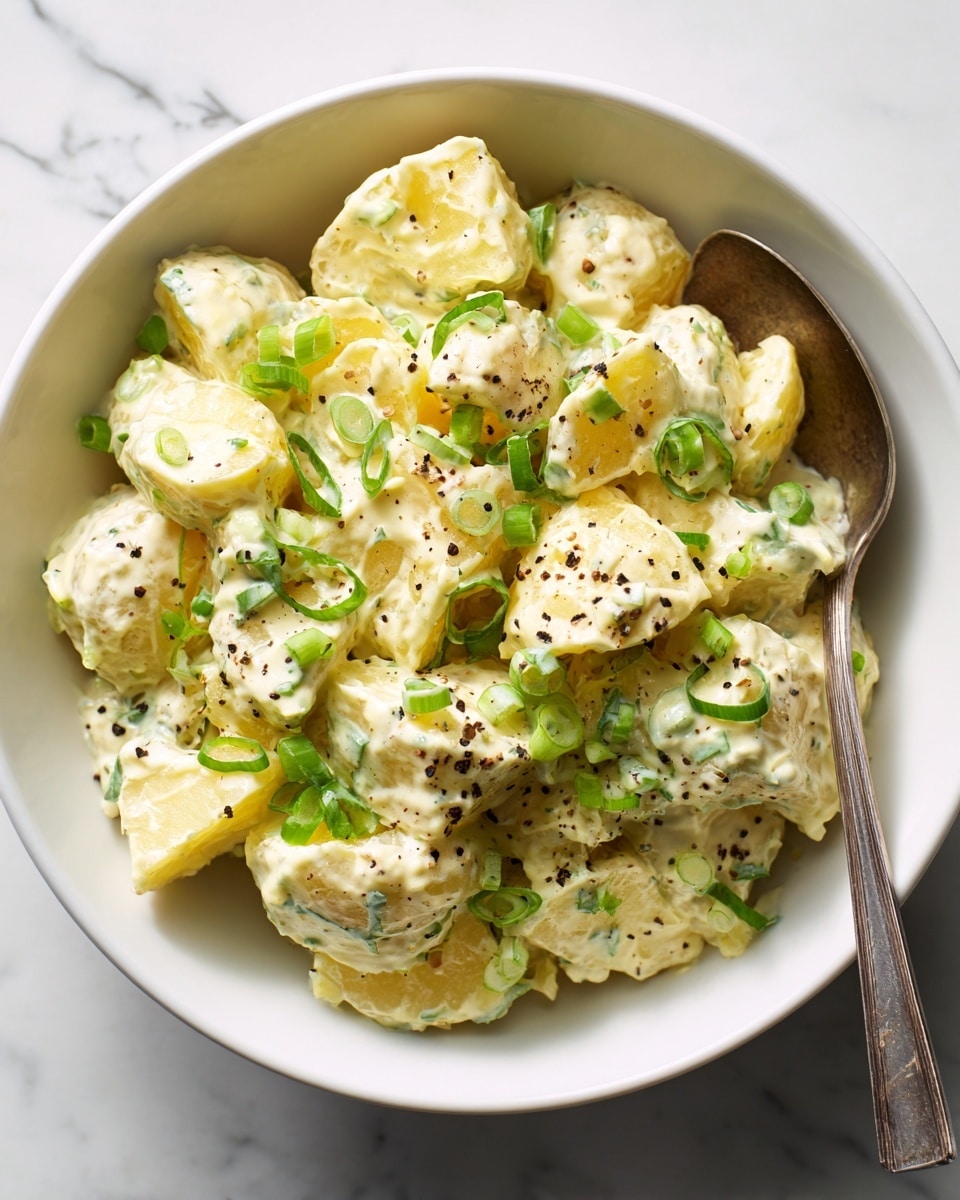 Two white bowls filled with a creamy potato salad are placed side by side on a white marbled surface. The potato salad consists of large, chunky pieces of pale yellow potatoes coated in a rich, thick, yellowish dressing with visible specks of black pepper. Each bowl is garnished with bright green, sliced scallions scattered on top. To the upper right, there is a small white bowl filled with additional green sliced scallions. On the left side of the image, two matte silver spoons rest on a striped cloth underneath the bowls, contrasting with the white marbled surface below. photo taken with an iphone --ar 4:5 --v 7
