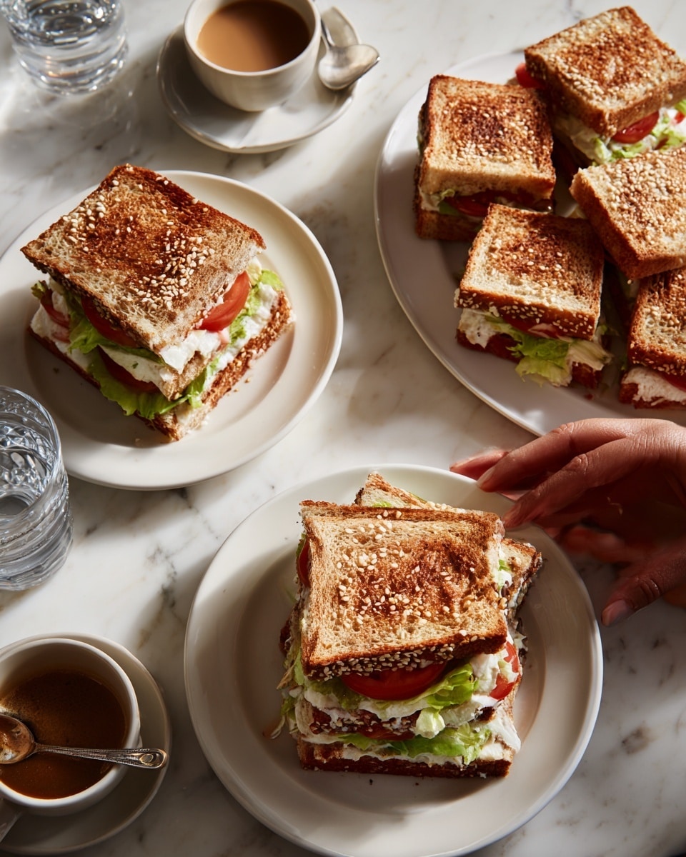 The image shows a white plate with several golden-brown toasted sandwich squares stacked, each sandwich cut into neat portions. One sandwich close to the plate is made of multiple layers, including crispy toast on the top and bottom, with visible layers of green leafy lettuce, thick slices of tomato, and a slice of pale yellow cheese in the middle. Another white plate holds a single sandwich, placed on a white square napkin, with a woman's hand holding one sandwich piece, showing the toasted crunch clearly. The background is a white marbled surface with soft natural light highlighting the textures and colors. Photo taken with an iphone --ar 4:5 --v 7