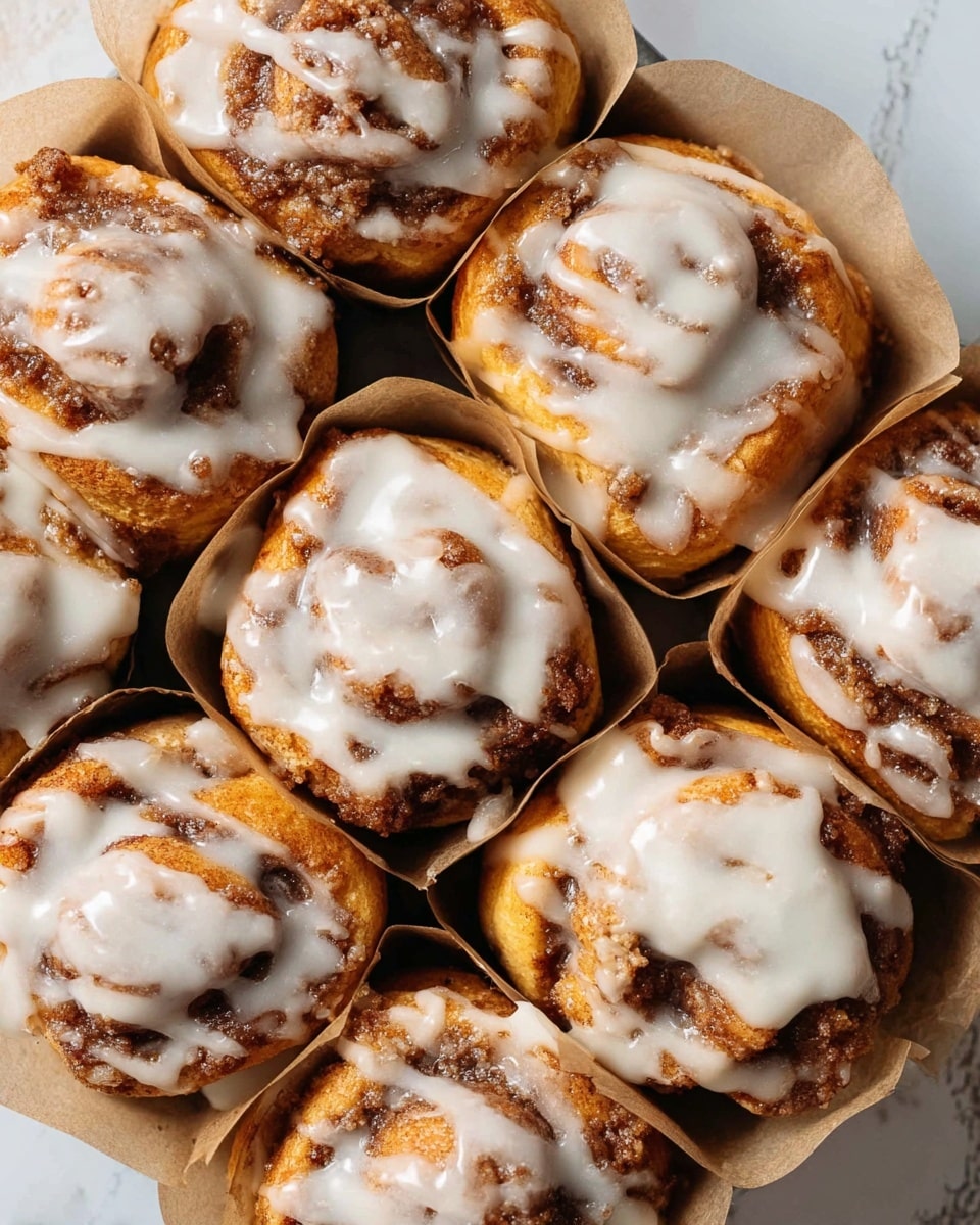 The image shows a close-up of eight cinnamon muffins arranged in a circular shape on a dark baking tray. Each muffin is wrapped in a light brown parchment paper, with a golden-brown base topped with darker cinnamon swirls. A shiny white glaze is drizzled unevenly across the surface of each muffin, adding a glossy texture. The background is a white marbled surface, enhancing the warm colors of the muffins. photo taken with an iphone --ar 4:5 --v 7
