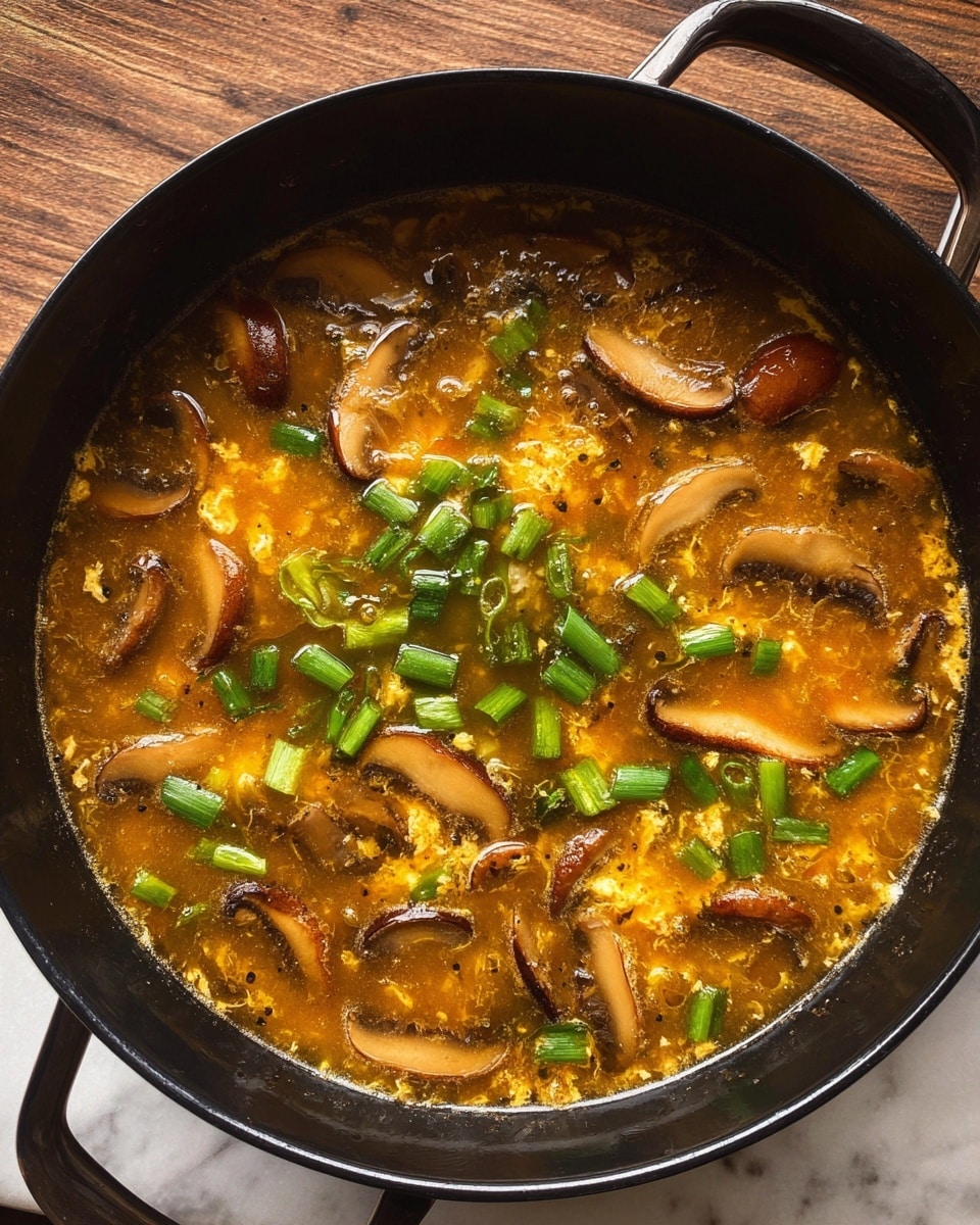 A black pot filled with a hot soup that has a brownish-orange broth, sliced brown mushrooms spread evenly throughout, and chopped green onions sprinkled on top. The soup has a slightly glossy surface and some visible black pepper specks, with bits of cooked egg floating inside. The pot sits on a white marbled surface. photo taken with an iphone --ar 4:5 --v 7