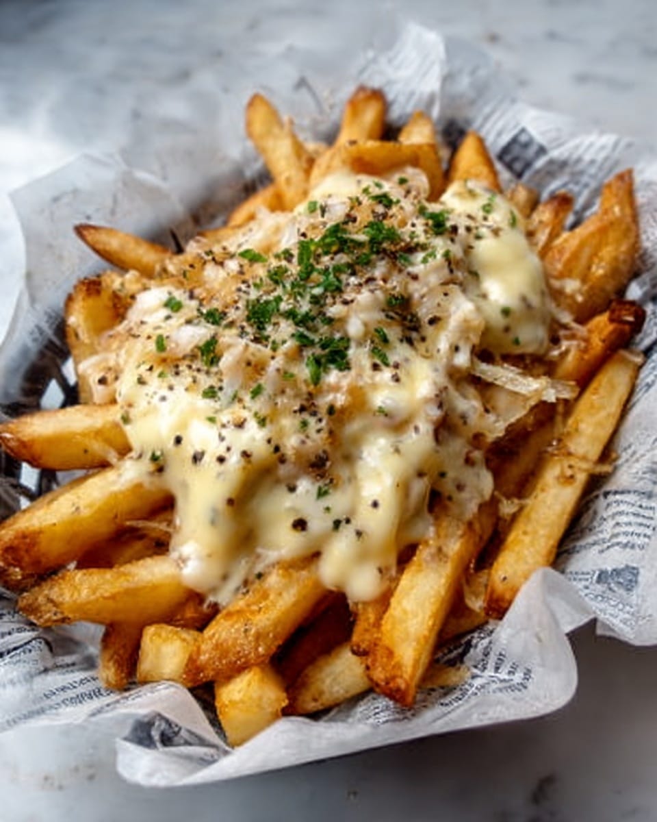 A white paper-lined basket filled with thick golden-brown fries as the base layer, topped with a generous layer of melted creamy cheese sauce that has a smooth texture, sprinkled with small pieces of green herbs and finely crushed black pepper, all sitting on a white marbled surface. photo taken with an iphone --ar 4:5 --v 7