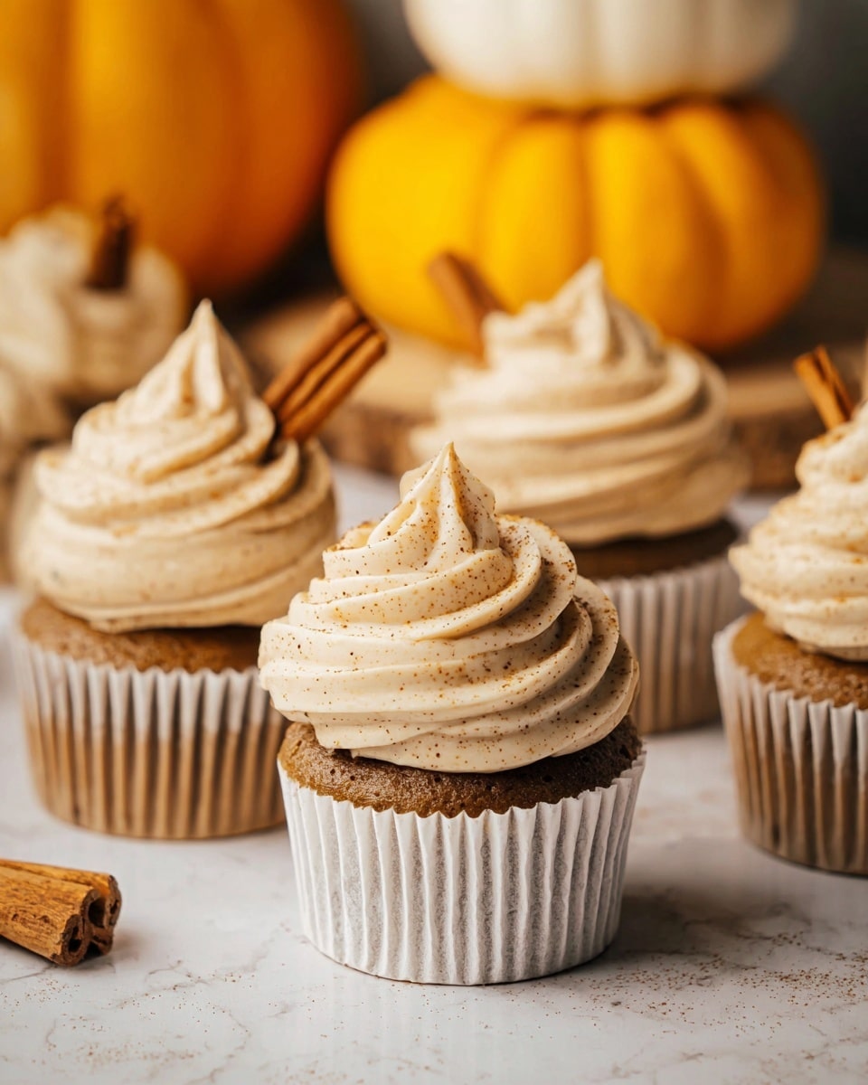 The image shows four cupcakes with one main cupcake in the center. Each cupcake has a dark brown base wrapped in a white paper liner and topped with a tall swirl of light beige frosting that looks smooth and creamy with tiny brown specks. In the background, there is a large orange pumpkin with small white mini pumpkins on top. The cupcakes are placed on a white marbled surface with a warm, soft light giving the scene a cozy feeling. photo taken with an iphone --ar 4:5 --v 7