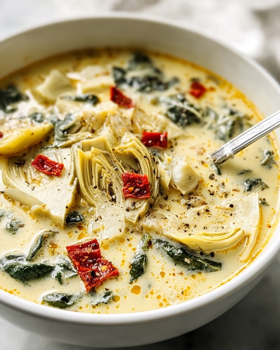 A white bowl filled with creamy yellow soup as the base layer, visible small orange and red specks floating within it. On the surface, there are pale green artichoke hearts cut in half with layered texture, bright green spinach leaves, and thin yellow lemon slices peeking through the creamy soup. Scattered around are small pieces of deep red sun-dried tomatoes and a dusting of coarse black pepper that adds texture and contrast. A silver spoon is partially submerged on the side. The bowl is set on a white marbled surface. photo taken with an iphone --ar 4:5 --v 7