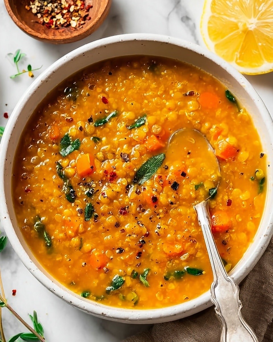 A white bowl filled with thick orange lentil soup that has visible small orange carrot cubes and green herb pieces sprinkled throughout. The soup has a slightly chunky texture and looks warm and comforting. A silver spoon is partially dipped into the soup on the right side of the bowl. Around the bowl, there is a white marbled surface with scattered small herbs and spices, a slice of lemon, and a wooden bowl of mixed spices in the top left corner. photo taken with an iphone --ar 4:5 --v 7