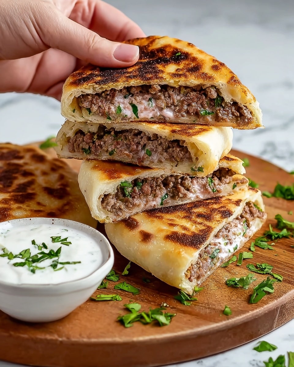 The image shows three thick, golden-brown stuffed flatbreads stacked on a round wooden board, each cut in half to reveal a dense filling of cooked ground meat mixed with small green herbs. The flatbreads have a crisp, slightly charred outer crust with a soft, fluffy inside. Next to the stack, a small white bowl contains a creamy white sauce topped with green herb garnish. A woman's hand holds the top half of the flatbread stack, lifting it slightly to show the inside. The surface underneath is a white marbled texture with small green herb pieces scattered around. photo taken with an iphone --ar 4:5 --v 7