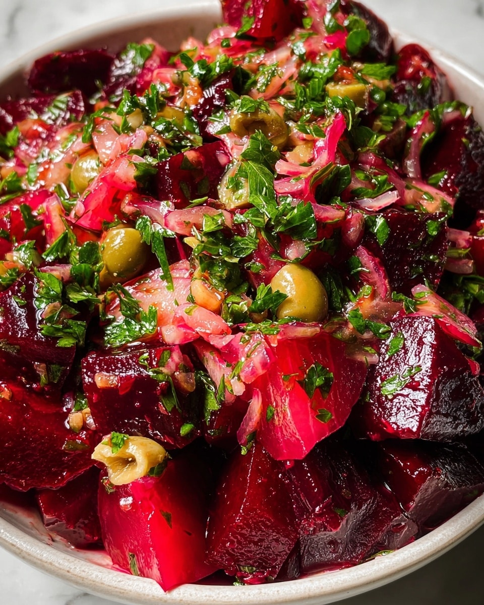 This close-up image shows a beet salad with vibrant layers mixed together. The first layer consists of deep red, shiny beet cubes that have a smooth, moist texture. Mixed throughout are thin slices of pinkish-red onion, adding a slightly translucent look. Bright green chopped parsley is spread evenly, adding contrast and freshness. Small pieces of light green olives with subtle shine are scattered around. The salad sits inside a white bowl, against a white marbled surface that softly reflects light. The ingredients look fresh and glossy, with tiny drops of dressing creating a light sheen. photo taken with an iphone --ar 4:5 --v 7