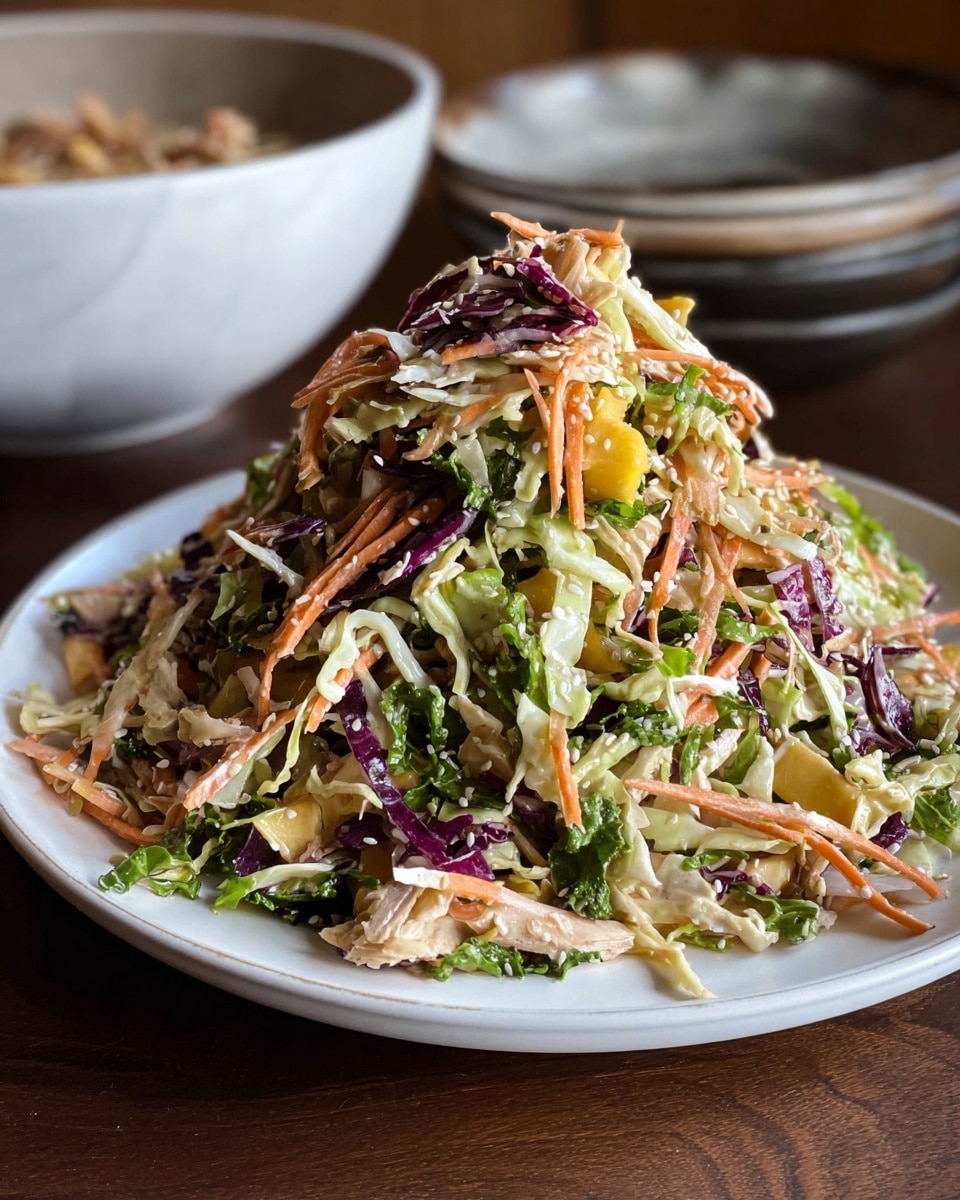 A tall pile of mixed salad sits on a white plate with a dark fork beside it. The salad has many layers including light green shredded cabbage and lettuce as the base, mixed with strips of bright orange carrot and pale yellow mango pieces. There are small pieces of light beige tofu or chicken scattered throughout and some purple-red cabbage adds color contrast. White sesame seeds are sprinkled on top. The textures range from crunchy vegetables to tender protein bits. The plate rests on a white marbled surface. photo taken with an iphone --ar 4:5 --v 7