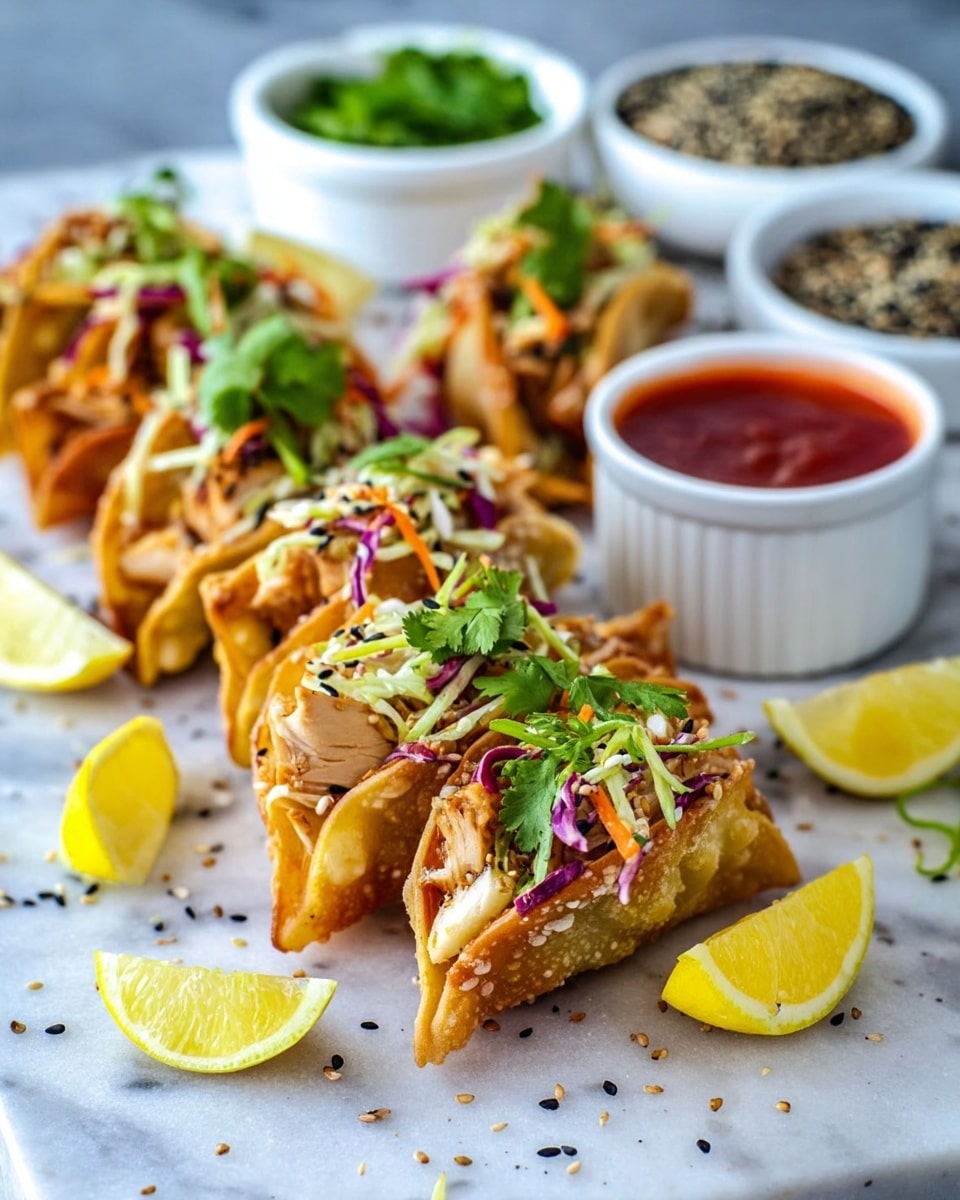 A group of six small tacos with golden, lightly crispy shells filled with a layer of cooked meat, topped with colorful shredded cabbage and carrot slaw in shades of white, orange, and purple, and sprinkled with fresh green chopped herbs and sesame seeds. One taco at the front is being held by a woman's hand with bright purple nails, dipping it into a small white ramekin filled with red sauce. Other white bowls with dipping sauces and herbs, as well as lime wedges, are placed around the tacos on a white marbled surface. Photo taken with an iphone --ar 4:5 --v 7