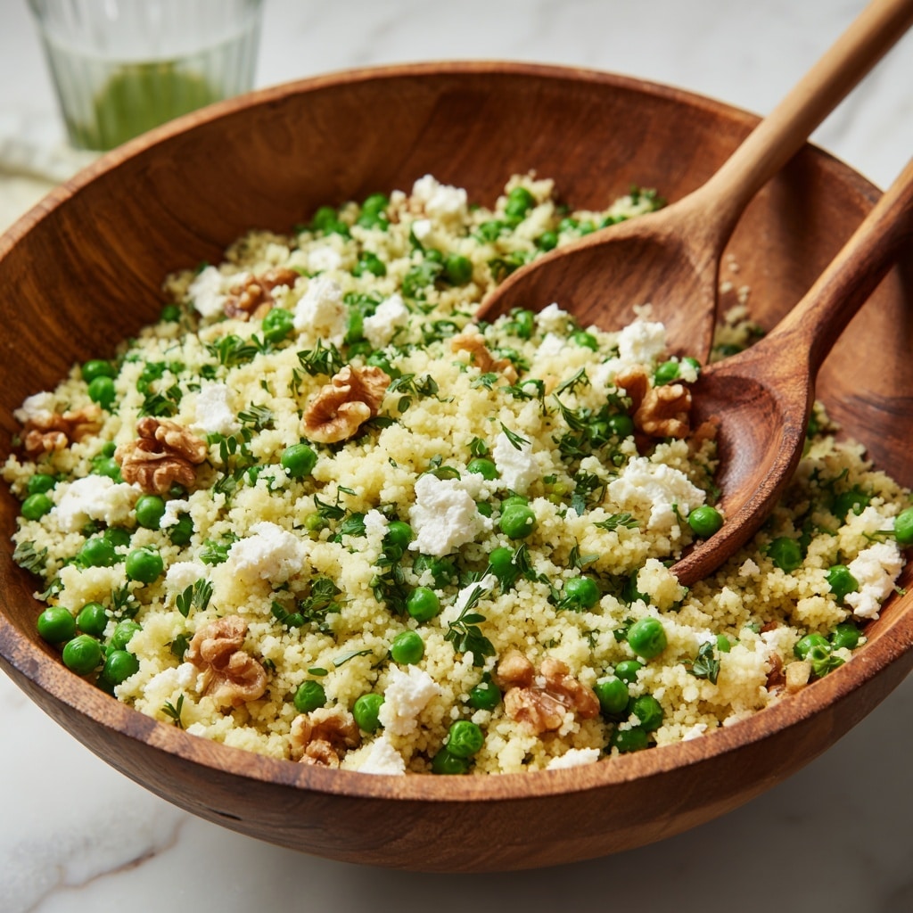 The image shows a close-up of a mixed dish in a wooden bowl with a wooden spoon. The dish has three main layers: the first layer is small, light beige couscous grains that look soft and fluffy, spread evenly throughout. The second layer consists of bright green peas that are round and shiny, scattered all over the couscous. The third layer includes small pieces of chopped green herbs and some brown nut pieces, adding texture and color contrast. The bowl sits on a surface with a white marbled texture. photo taken with an iphone --ar 4:5 --v 7
