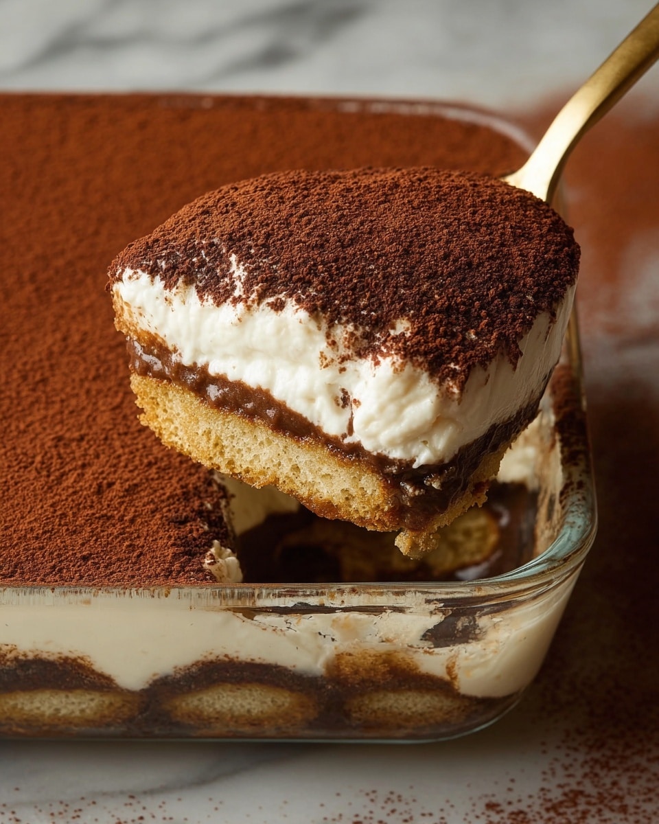 A close-up view of a rectangular glass dish showing a layered tiramisu dessert with three visible layers. The bottom layer is a light brown, soaked sponge cake with a soft and moist texture. Above it is a thick, creamy white layer of mascarpone cheese, smooth and rich in appearance. The top layer is dusted generously with dark brown cocoa powder, which appears fine and evenly spread. A golden spoon lifts a portion from the dish, revealing all three layers in a neat, thick slice. The background is a white marbled texture. photo taken with an iphone --ar 4:5 --v 7