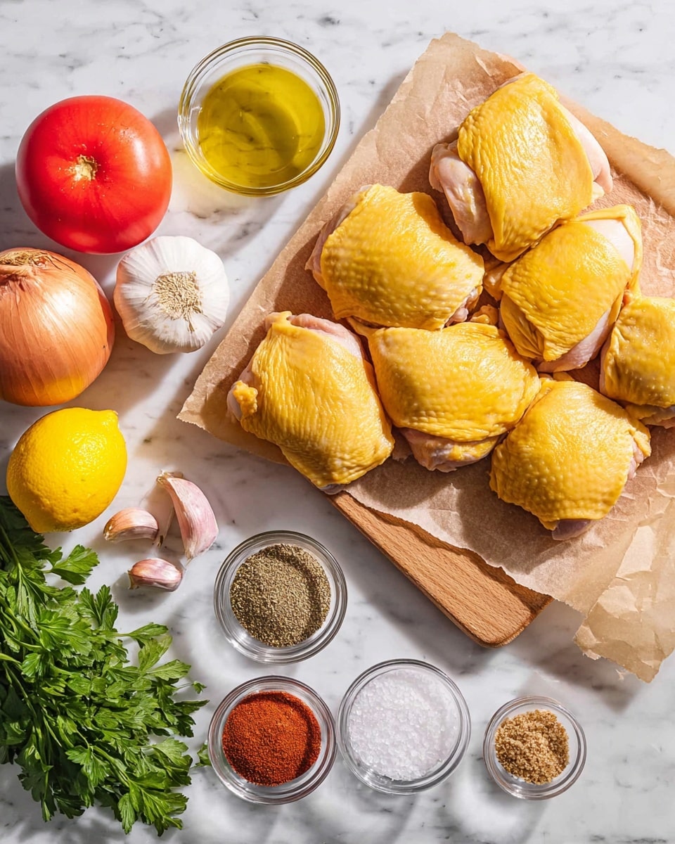 The image shows a wooden board holding a single layer of eight raw chicken thighs with yellowish skin, some slightly overlapping, on a piece of parchment paper. To the left on the white marbled surface are three whole yellow onions, a whole red tomato, several peeled garlic cloves, a whole lemon, a sprig of fresh green parsley, and small clear glass bowls containing olive oil, coarse salt, black pepper, and a mix of red and brown spices. The chicken pieces are placed next to the herbs and seasonings in a well-lit setting. Photo taken with an iphone --ar 4:5 --v 7