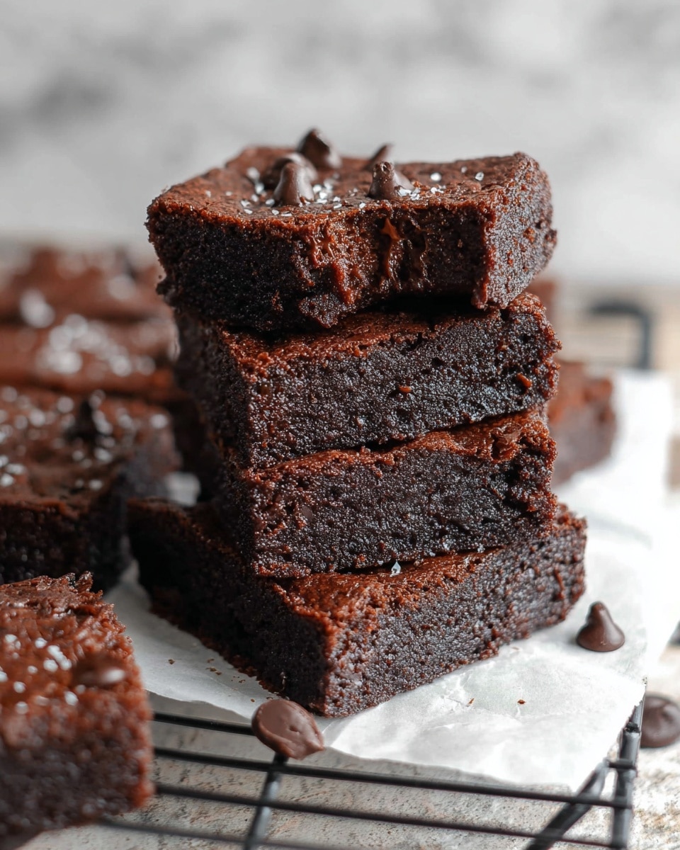 A close-up view of a stack of four thick, moist chocolate brownies, each layer rich dark brown with a slightly crumbly texture dotted with small chocolate chips. The top brownie has several larger chocolate chips scattered on its surface, which appears slightly glossy. Around the stack, more brownies and chocolate chips are scattered on a white marbled texture surface, creating a neat yet casual arrangement. The image is bright with a clean background, highlighting the deep chocolate tones and soft crumb of the brownies. Photo taken with an iphone --ar 4:5 --v 7