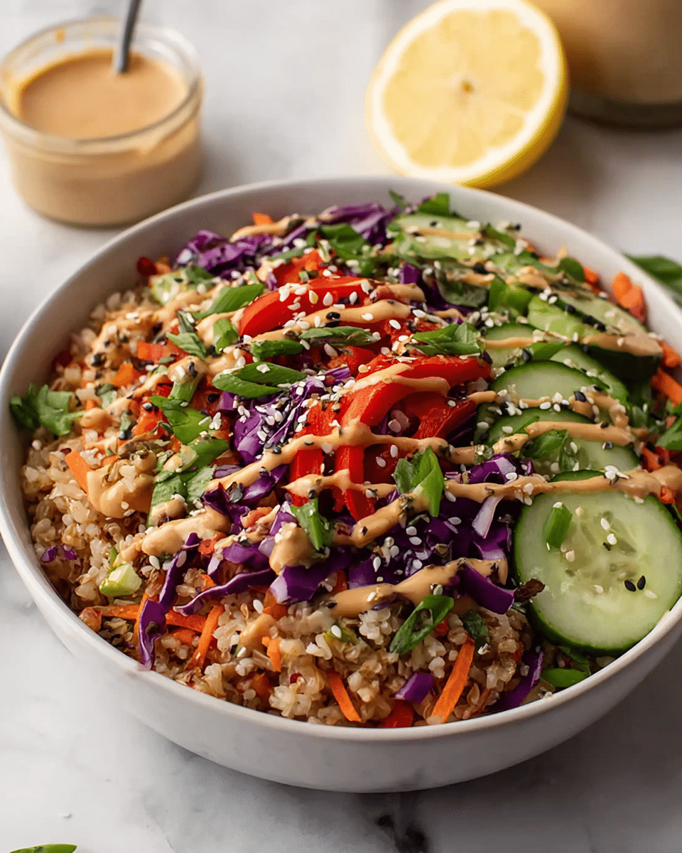A close-up view of a dark grey bowl filled with a colorful rice salad, showing a golden fork lifting a mixed bite of the dish. The salad contains glossy reddish-brown rice mixed with bright green cucumber slices, deep purple cabbage strips, and thin red bell pepper slices. The rice grains are coated with a light sauce, and small sesame seeds are sprinkled throughout. The bowl sits on a white marbled surface, with the background softly blurred to keep the focus on the vibrant mix on the fork. photo taken with an iphone --ar 4:5 --v 7