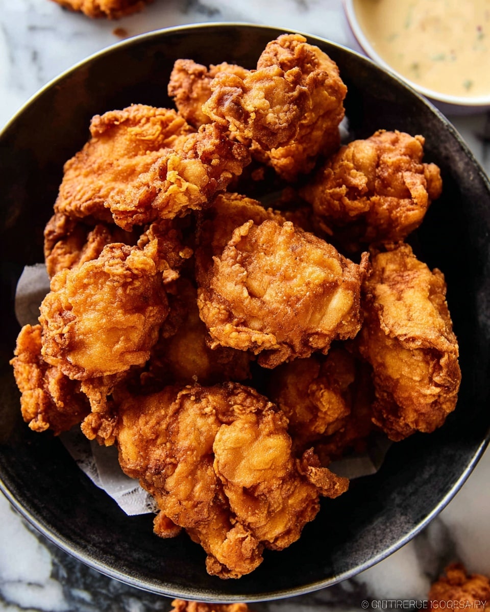 A black bowl is filled with several pieces of golden brown fried chicken with a crispy and crunchy texture. The chicken pieces have uneven shapes and rough surfaces, showing a well-fried crust. The bowl sits on a white marbled surface with a few more pieces of fried chicken scattered around. In the lower right corner, there is a partial view of a white bowl filled with creamy, light-colored dipping sauce. Photo taken with an iphone --ar 4:5 --v 7