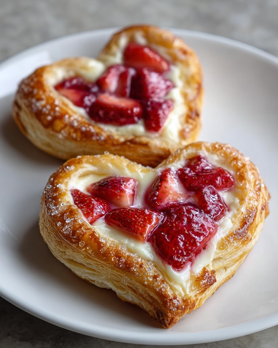 Two heart-shaped pastries sit on a white plate over a white marbled texture. Each pastry has three visible layers: a golden brown flaky crust base, a creamy white layer of cheese filling in the middle, and a topping of bright red strawberry pieces glazed with a shiny syrup. The edges of the pastries are slightly puffed and crisp, with a slight sprinkling of sugar crystals on top, adding texture and sparkle. Photo taken with an iphone --ar 4:5 --v 7