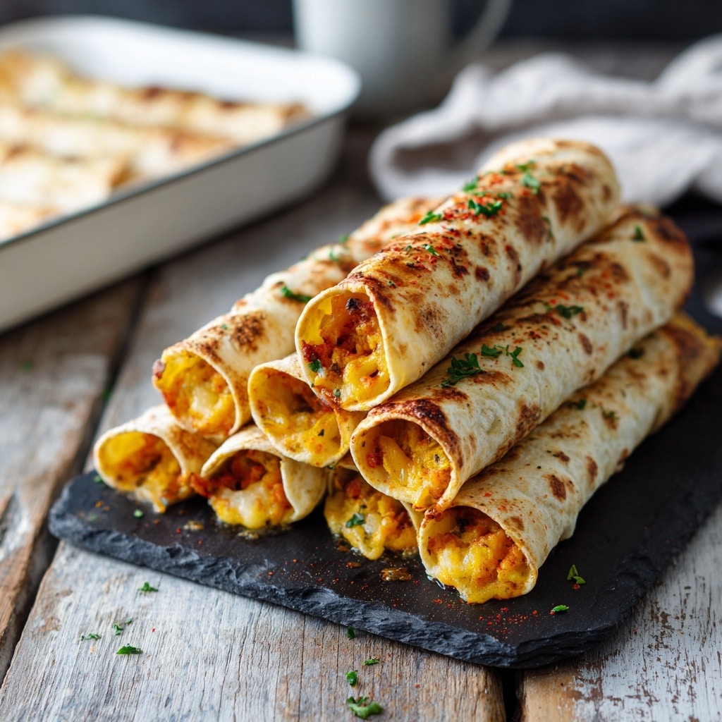 The image shows a stack of six rolled tortillas filled with a yellowish-green vegetable mixture with small pieces and melted cheese inside. The tortillas are golden-brown with some darker char marks and sprinkled with finely chopped green herbs on top. One tortilla is being lifted by a woman's hand, showing the soft, moist filling inside. The tortillas rest on a rectangular black stone tray placed on a rough wooden table. Photo taken with an iphone --ar 4:5 --v 7