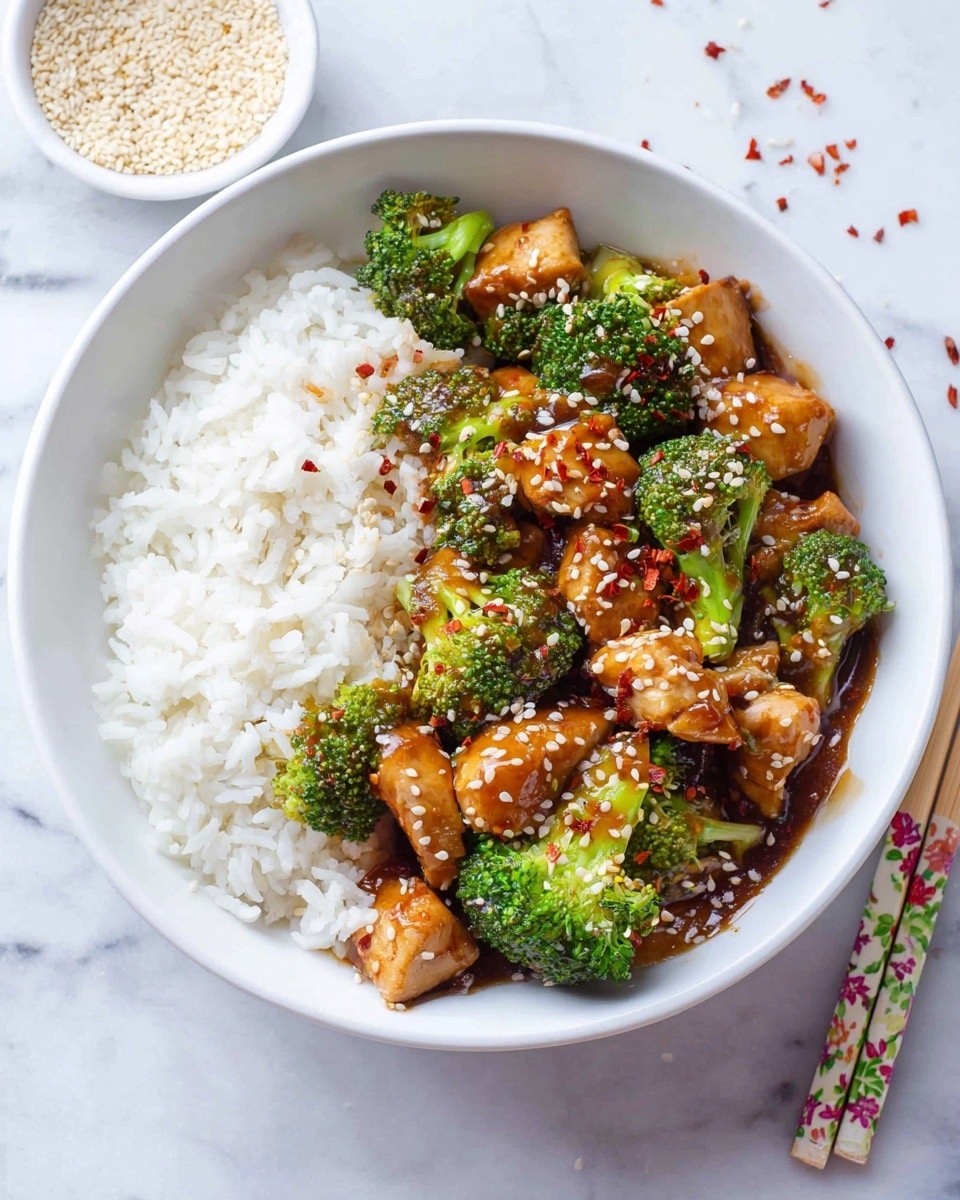 A white bowl filled with two main layers: on the left side, there is a thick layer of plain white steamed rice with a soft and fluffy texture; on the right side, there is a vibrant stir-fry mixture of green broccoli florets and golden-brown chicken pieces coated in a shiny, dark brown sauce. The dish is topped with scattered white sesame seeds and small red chili flakes, adding texture and color contrast. The bowl is placed on a white marbled surface, and a pair of wooden chopsticks with floral designs rest beside the bowl. photo taken with an iphone --ar 4:5 --v 7