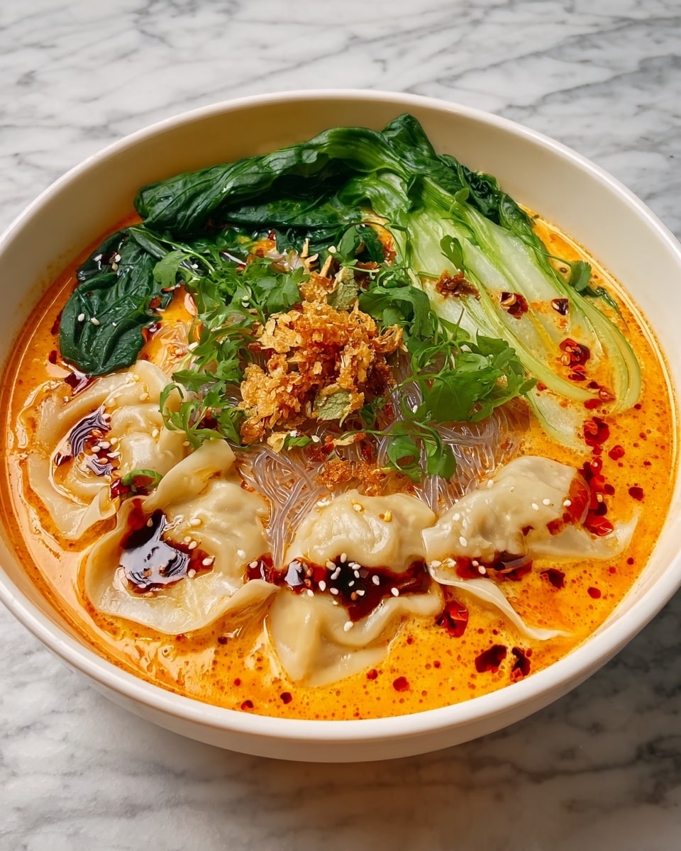 A white bowl filled with a rich orange broth sprinkled with dark red chili oil on top, soft dumplings laid on one side showing their folded edges, translucent glass noodles nestled next to a bright green bok choy leaf with a shiny texture, a mound of crispy brown fried onions in the center, and a bunch of fresh green herbs with sesame seeds scattered over the entire dish, all sitting on a white marbled surface photo taken with an iphone --ar 4:5 --v 7