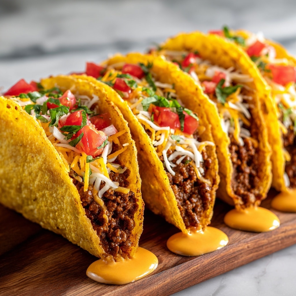 Four crunchy yellow taco shells are filled with a bottom layer of seasoned ground beef, topped with a melted blend of white and orange shredded cheese. Bright red diced tomatoes and small green herbs are sprinkled over the cheese, adding fresh color. A creamy orange sauce pools underneath and around the bottom of the tacos, with some dripping slightly. The tacos are placed close together on a wooden board with a white marbled texture surface in the background. photo taken with an iphone --ar 4:5 --v 7