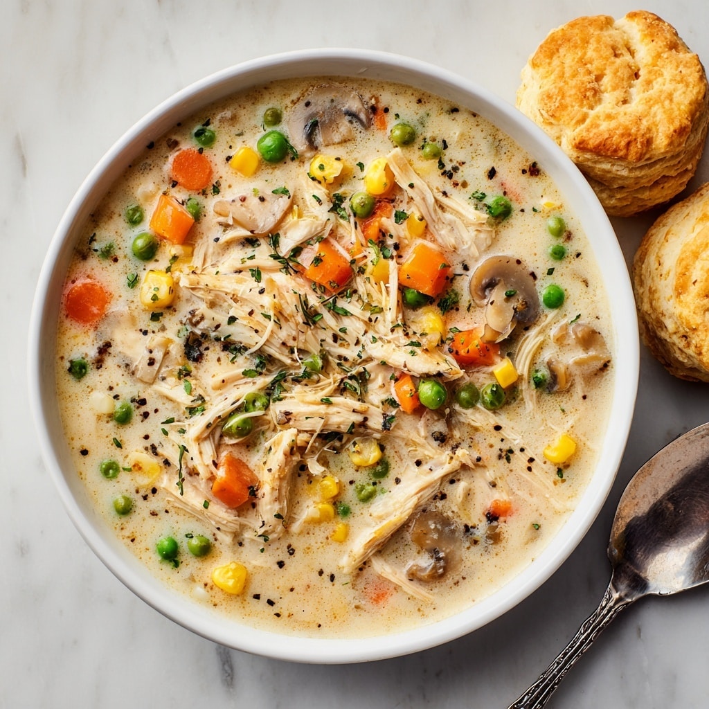 A large blue pot filled with creamy chicken stew topped with shredded chicken, sliced carrots, whole green peas, mushrooms, corn kernels, and chunks of potatoes, all mixed in a thick light yellow broth, with a wooden spoon resting inside the pot. Around the pot, there are three golden brown biscuits placed directly on a white marbled surface with small bits of green herbs scattered nearby. photo taken with an iphone --ar 4:5 --v 7