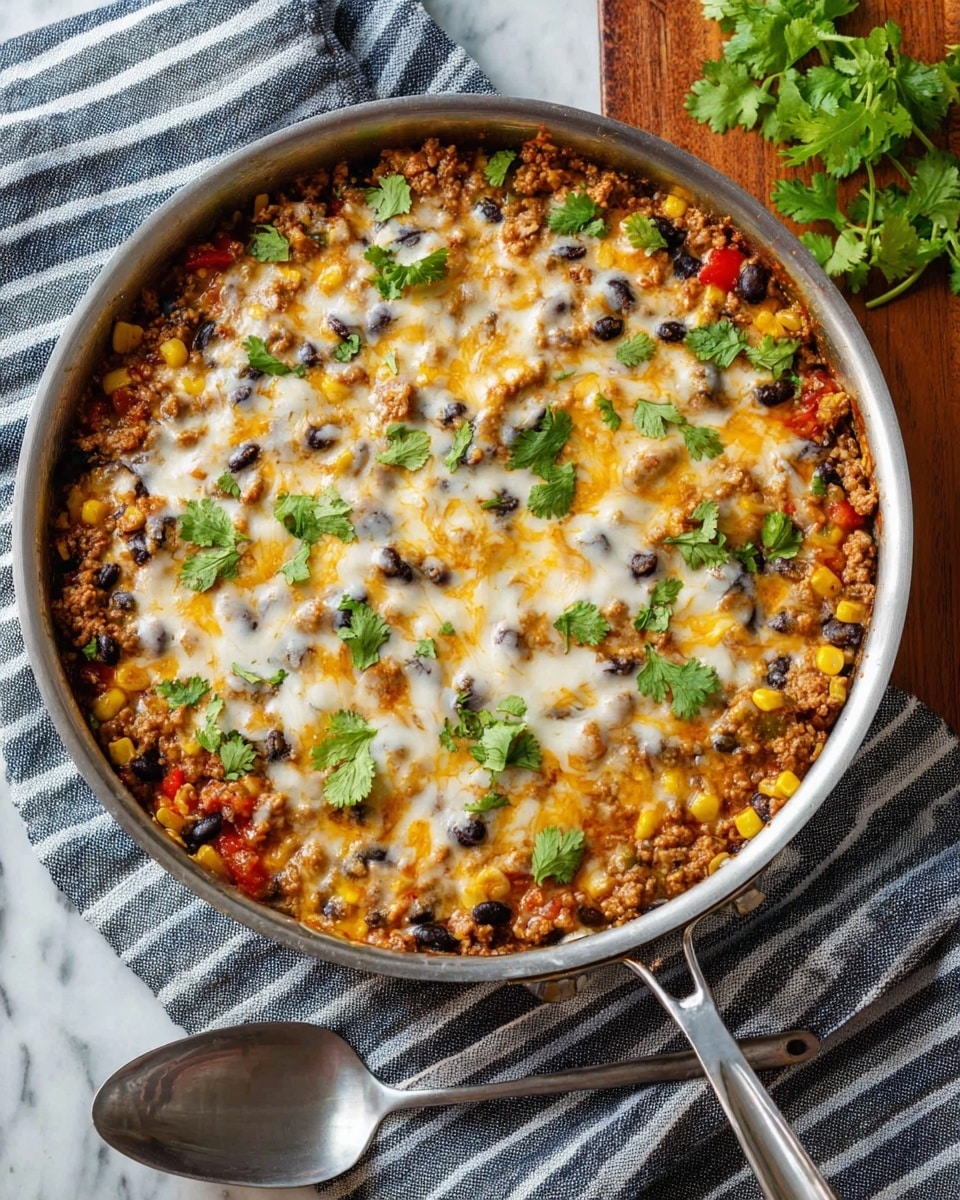 The image shows a dish served in a shiny metal pan filled with a cheesy, mixed casserole. It has multiple layers: a base of rice mixed with black beans and small red and yellow pieces, likely tomato and corn, covered with browned cooked ground meat, followed by a thick layer of melted white and yellow cheese stretching as a spoon lifts a portion out. Bright green cilantro leaves are scattered on top giving a fresh pop of color. The dish looks warm, gooey, and hearty with the cheese strings pulling up from the spoon. The background has a soft white marbled texture. photo taken with an iphone --ar 4:5 --v 7