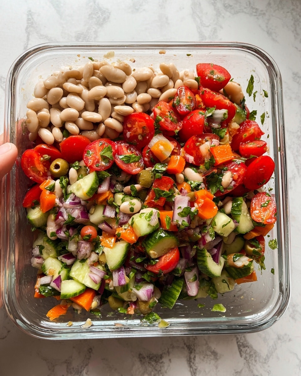 A clear glass dish filled with a colorful bean salad showing mostly white beans with dark spots spread throughout. Mixed in are bright red halved cherry tomatoes, small chunks of orange and red bell peppers, chopped cucumber with dark green skin, minced red onions, and bits of fresh green herbs scattered all over. The ingredients look fresh and mixed together closely in one thick layer. The dish is held on one side by a woman's hand, all placed on a white marbled surface. photo taken with an iphone --ar 4:5 --v 7
