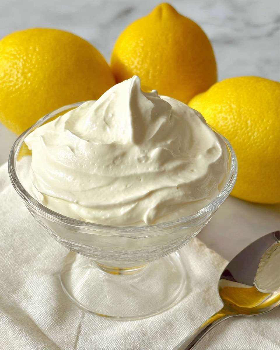 A glass dessert bowl filled with smooth, fluffy white whipped cream, showing soft swirls and peaks on the surface; behind the bowl are two bright yellow lemons with textured rinds resting on a white cloth, all placed on a white marbled background; the tip of a shiny metal spoon is visible in the lower right corner, reflecting some yellow hues. photo taken with an iphone --ar 4:5 --v 7