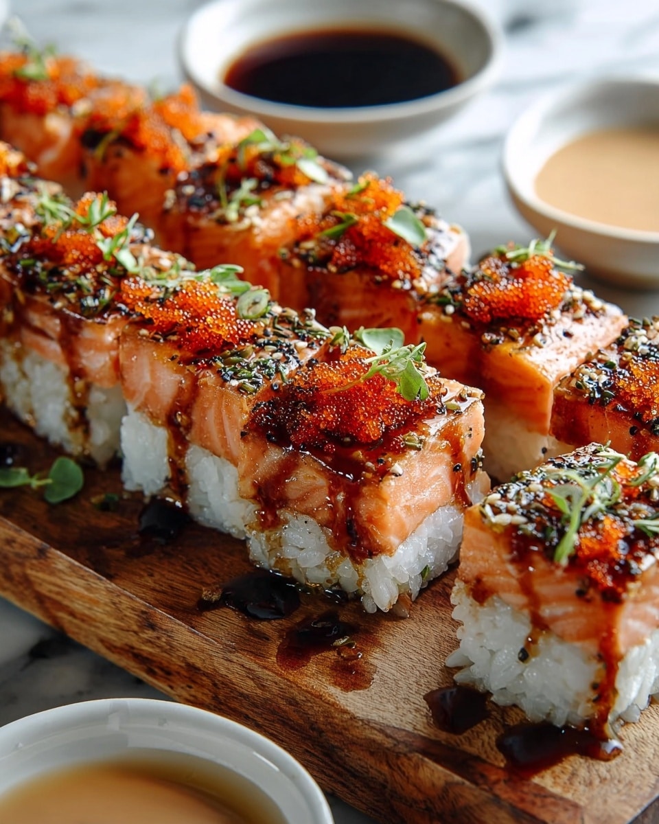 A close-up view of rectangular sushi pieces arranged in two rows on a wooden board, each piece with three layers: a bottom layer of white sticky rice, a thick middle layer of lightly seared pink salmon, and a top layer of vibrant orange fish roe mixed with black and white sesame seeds and small green herb garnishes. A dark brown sauce is drizzled over the salmon, adding shine and a bit of glaze that drips slightly onto the wooden surface below. In the foreground, two small white bowls filled with soy sauce and a creamy light brown dipping sauce sit on a white marbled surface. Photo taken with an iphone --ar 4:5 --v 7