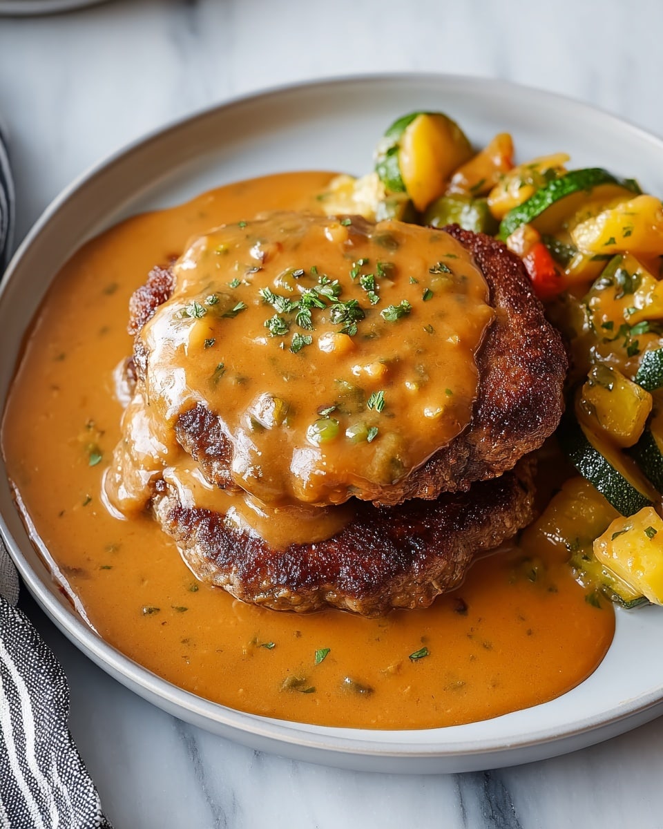 A close-up view of six browned meat patties cooking in a black pan filled with creamy, golden-brown sauce. Each patty has a rough, crispy outer layer with darker charred spots and flecks of green herbs visible in the meat. The sauce surrounds the patties, with parts of it thickly covering the top of some patties, showing smooth and slightly glossy texture with small specks in it. The pan sits on a white marbled surface. photo taken with an iphone --ar 4:5 --v 7