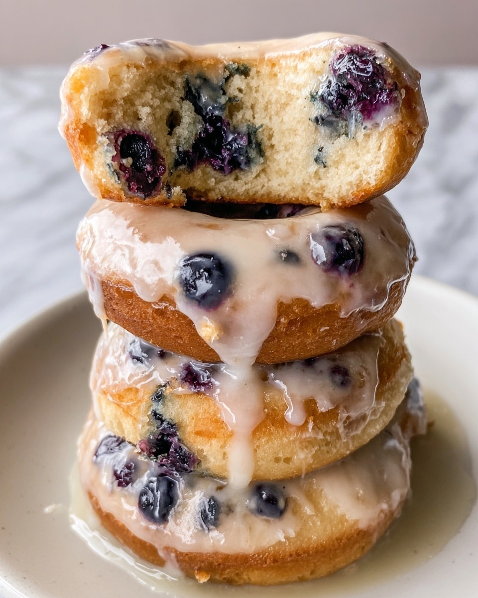 A stack of three blueberry glazed donuts sits on a white plate, placed on a white marbled surface. The donuts have a soft golden brown color with visible juicy blueberries inside. The top donut is broken in half, showing a moist and fluffy light tan interior dotted with blueberries. A shiny, thick glaze covers the top of all three donuts, dripping down the sides in smooth, glossy white layers. The middle donut holds the broken top half. The glaze adds a wet, smooth texture contrasting with the soft, crumbly donut. photo taken with an iphone --ar 4:5 --v 7