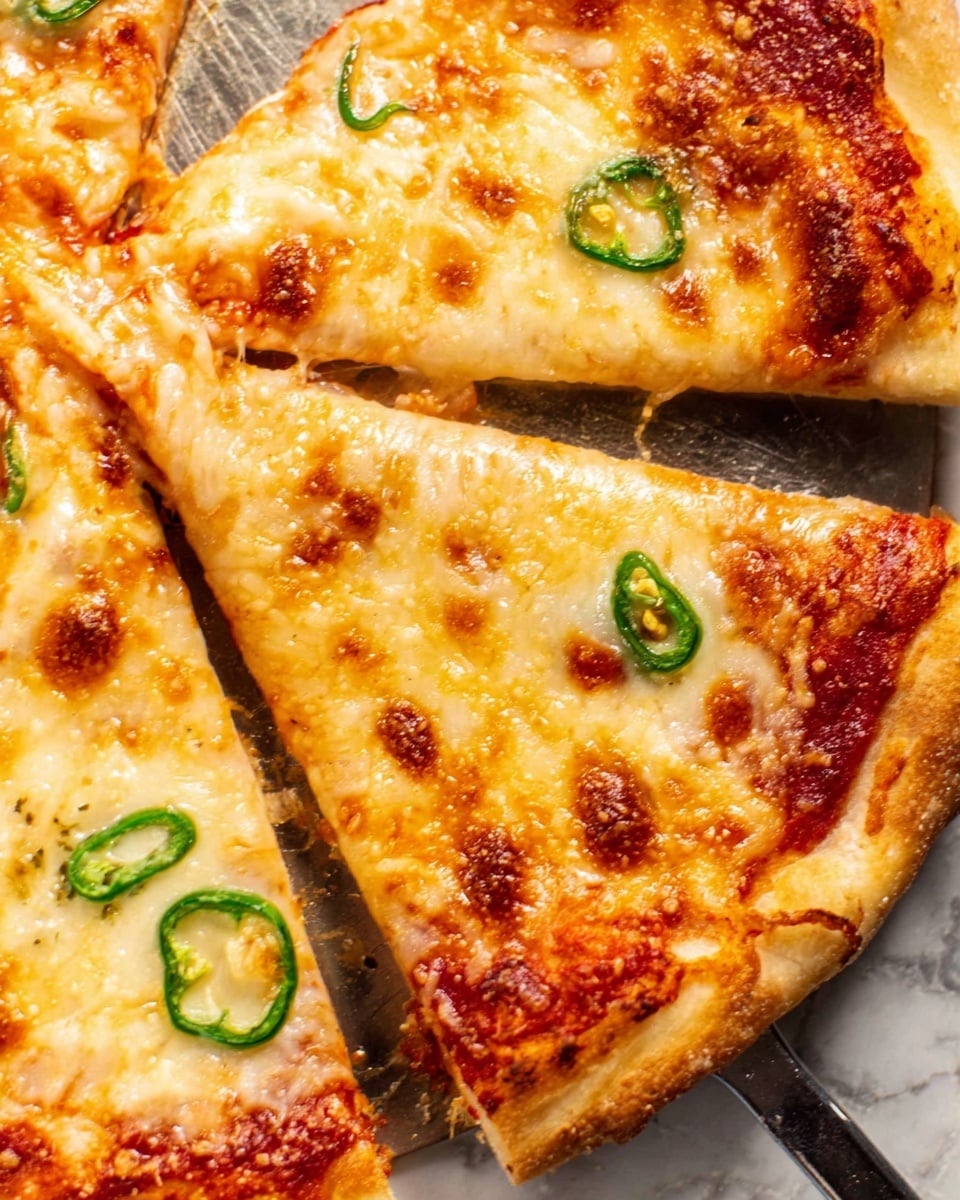 A close-up view of two slices of cheese pizza with golden-brown bubbly cheese on top. The crust is thick, light golden, and slightly crispy around the edges. Each slice has melted, gooey mozzarella cheese with some toasted spots and a few green jalapeño rings scattered on the surface. The pizza is on a silver spatula, and the background is a white marbled texture. photo taken with an iphone --ar 4:5 --v 7