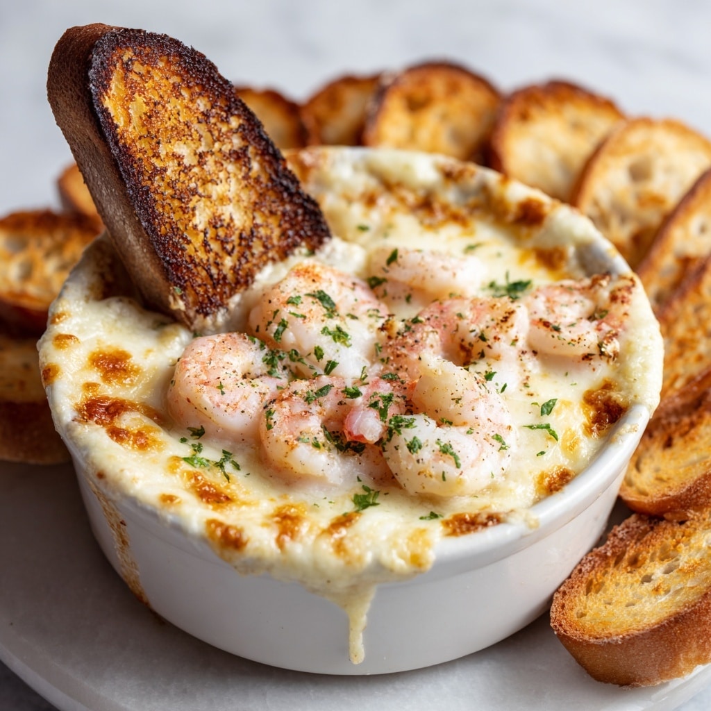 A white bowl is filled with baked shrimp dip topped with melted, golden brown cheese and sprinkled with finely chopped green herbs. Plump, orange-pink shrimp with light seasoning are scattered on top, nestled in the creamy cheese layer. Around the bowl on a wooden board are several slices of toasted bread, golden-brown with a crunchy texture and small green herb bits on top. One slice is dipped into the dip, showing a glossy, cheese-coated surface. The whole setting is on a white marbled textured background. photo taken with an iphone --ar 4:5 --v 7