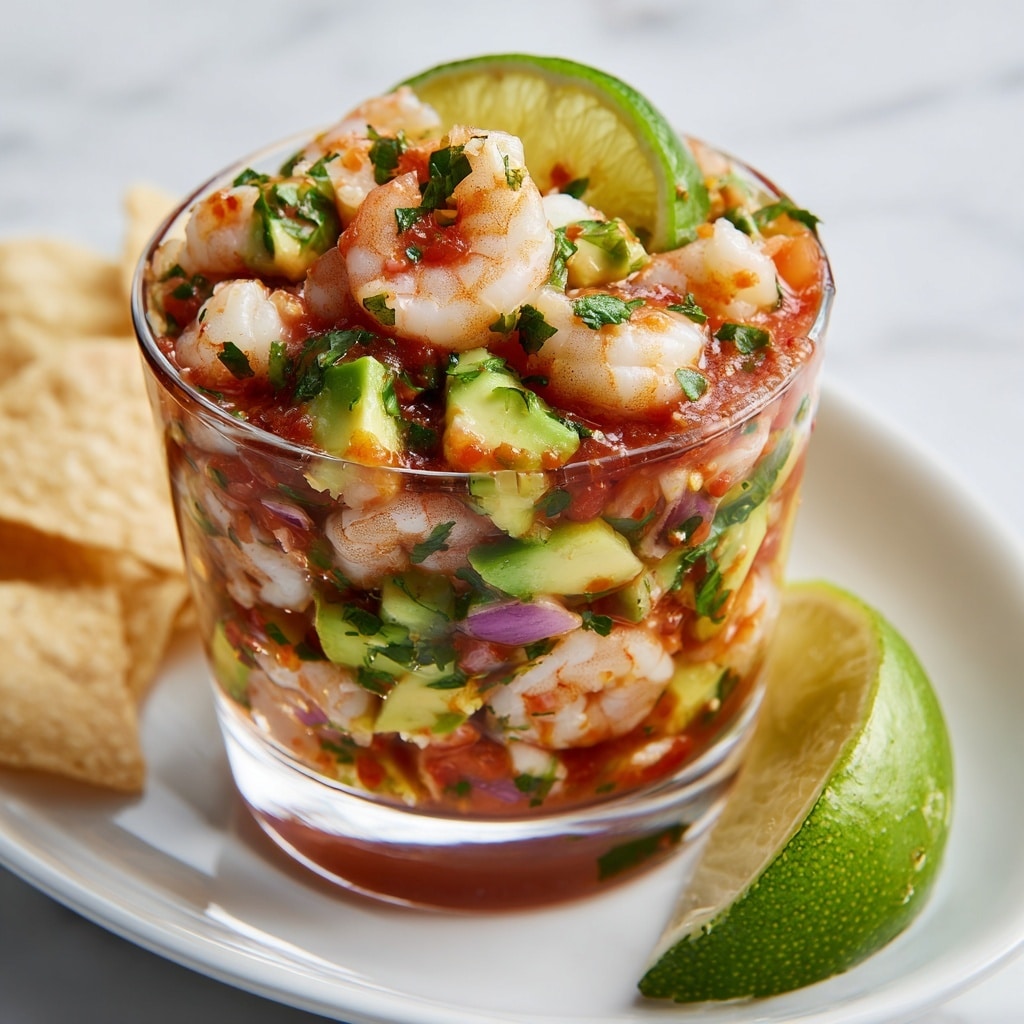 A clear glass filled with layers of small shrimp mixed with bright green avocado chunks, finely chopped cilantro, red onion pieces, and diced tomatoes. The shrimp are light pink and white, giving a soft contrast to the fresh green and red vegetables. The mixture is lightly covered in a red tomato-based sauce. On top, a thin green lime slice is placed as decoration. The glass sits on a white plate with a few pale yellow tortilla chips and a wedge of lime beside it, all on a white marbled surface. photo taken with an iphone --ar 4:5 --v 7