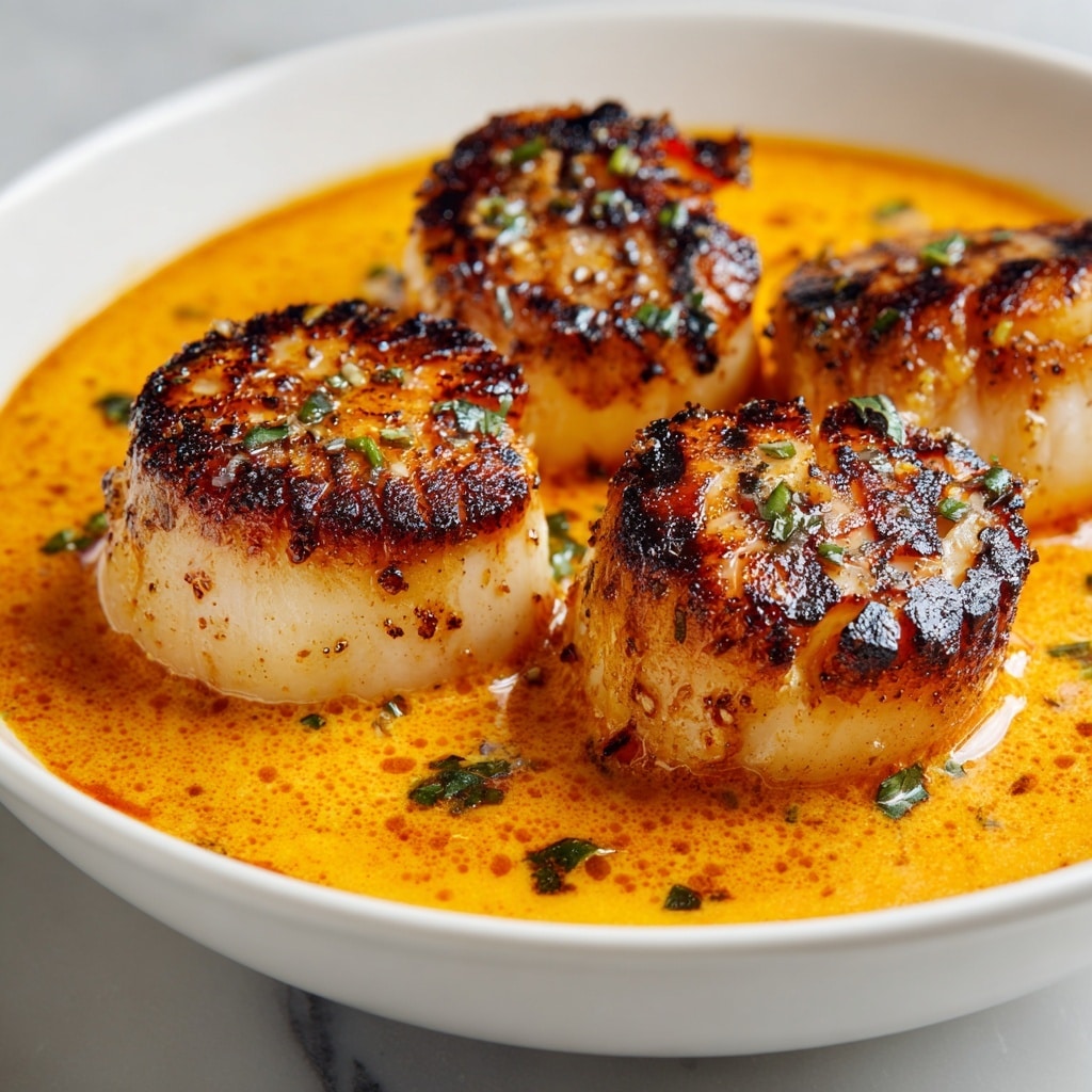 A close-up view of a white bowl filled with a creamy, rich orange sauce that serves as the base layer, smooth in texture. On top, there are three large pieces of golden-browned, grilled scallops showing a slightly crispy char on their round edges, arranged side by side. The scallops have a white, tender inside with lightly seasoned specks and small green herb flakes sprinkled over all the layers, adding contrast and freshness. The photo is taken on a white marbled surface. photo taken with an iphone --ar 4:5 --v 7