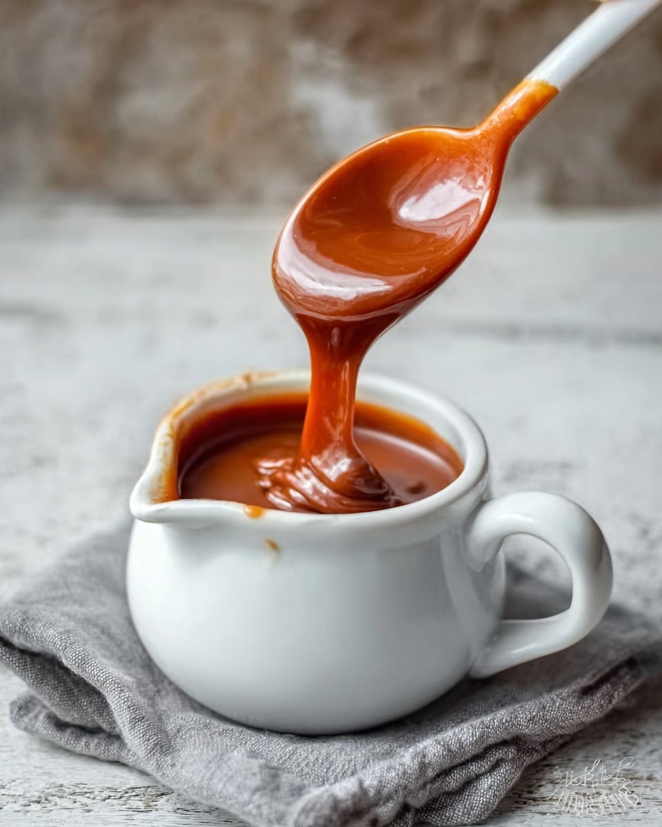 A white ceramic bowl filled with thick, smooth caramel sauce, with a spoon lifting some of the sauce showing its shiny, rich orange-brown color and glossy texture, the sauce dripping slowly back into the bowl. The bowl sits on a folded beige cloth on a white marbled surface. photo taken with an iphone --ar 4:5 --v 7