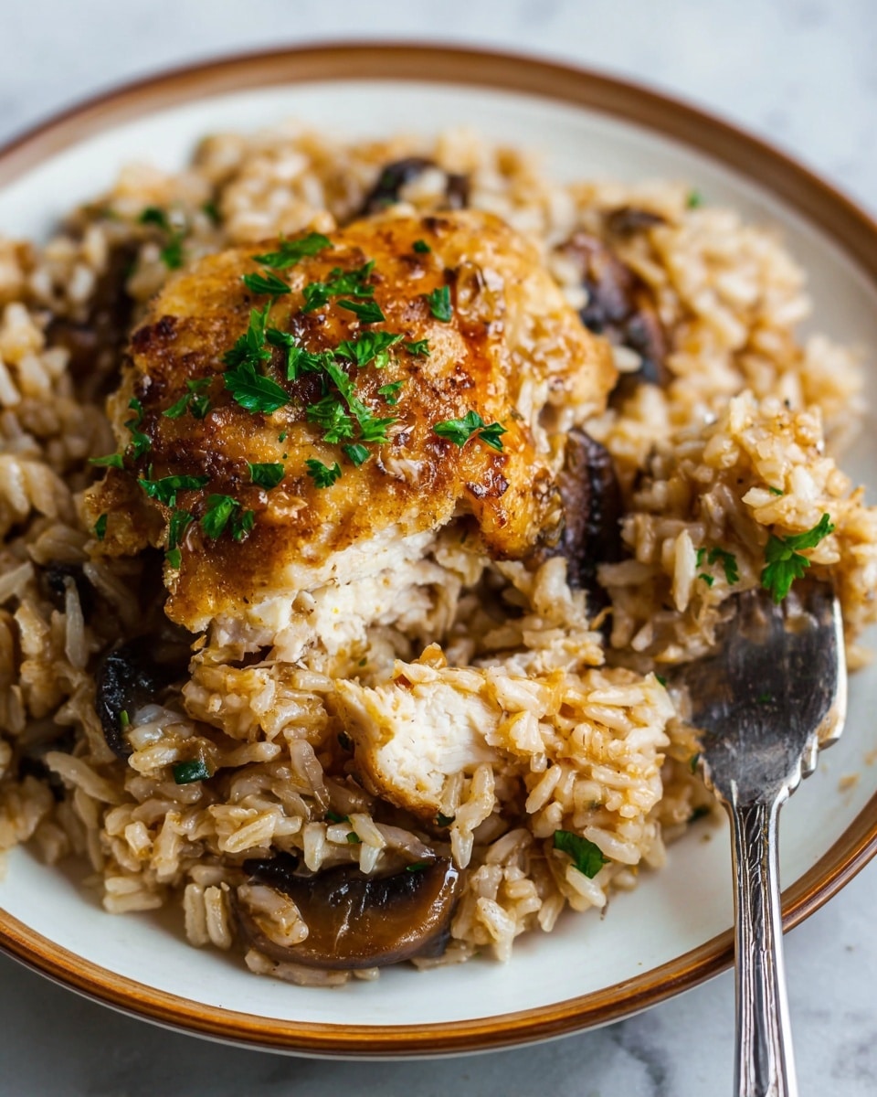 The image shows a close-up of a glass baking dish filled with cooked rice and six pieces of browned chicken thighs on top. The rice is golden-brown with some caramelized darker bits mixed in, creating a textured and slightly crispy appearance. The chicken thighs are golden with a crispy, lightly charred skin and a sprinkle of chopped green herbs scattered evenly across the dish. The dish sits on a white marbled surface. photo taken with an iphone --ar 4:5 --v 7