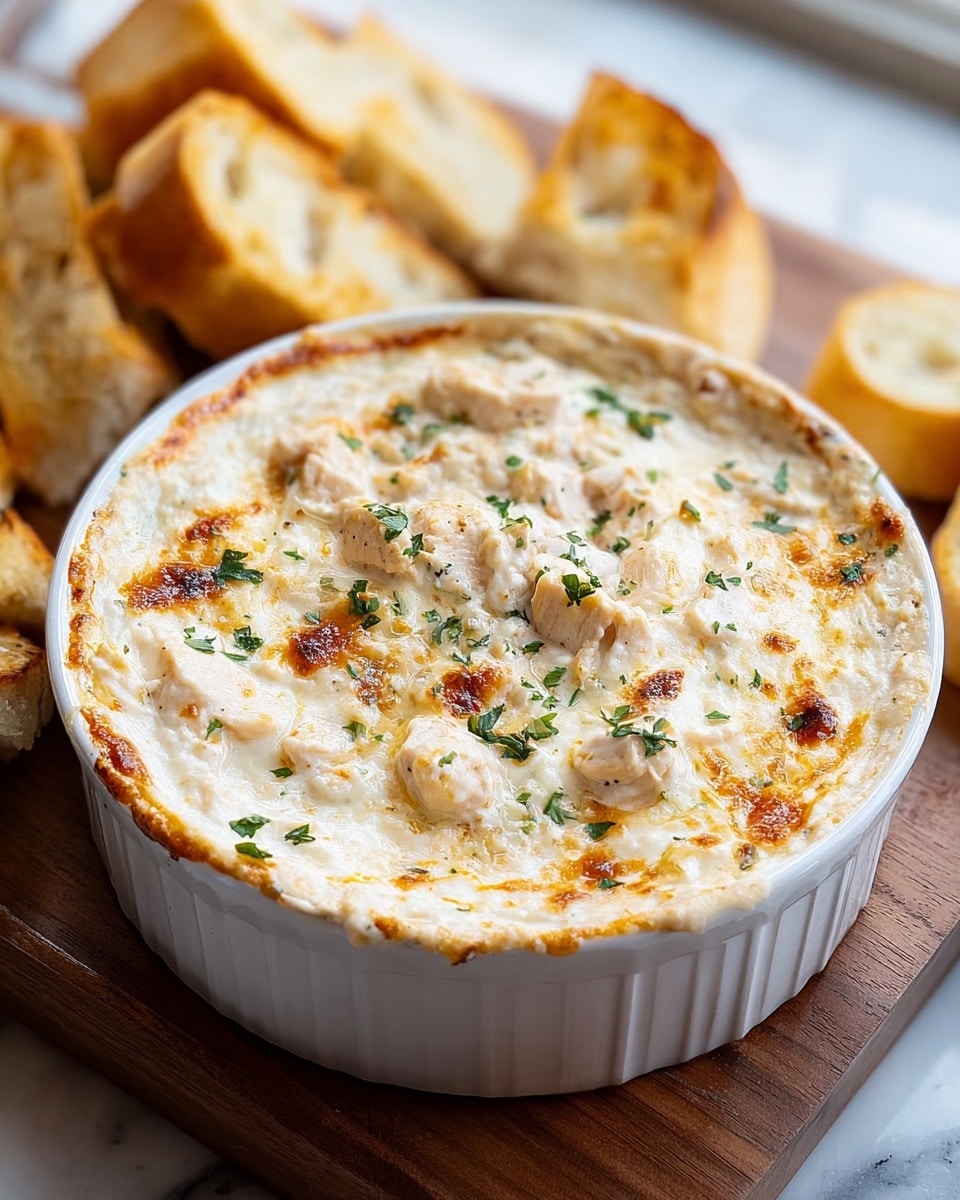 A white ceramic bowl filled with a creamy, thick dip that has a soft, smooth texture mixed with chunks of white cheese or crab meat. The top layer has light golden orange spots from melted cheese and is sprinkled with small bits of chopped green herbs. One tan-colored cracker with small holes is dipped into the dip, standing upright on the right side of the bowl. The bowl rests on a brown wooden board with more tan crackers visible in the background on the left side, placed on a white marbled surface. photo taken with an iphone --ar 4:5 --v 7