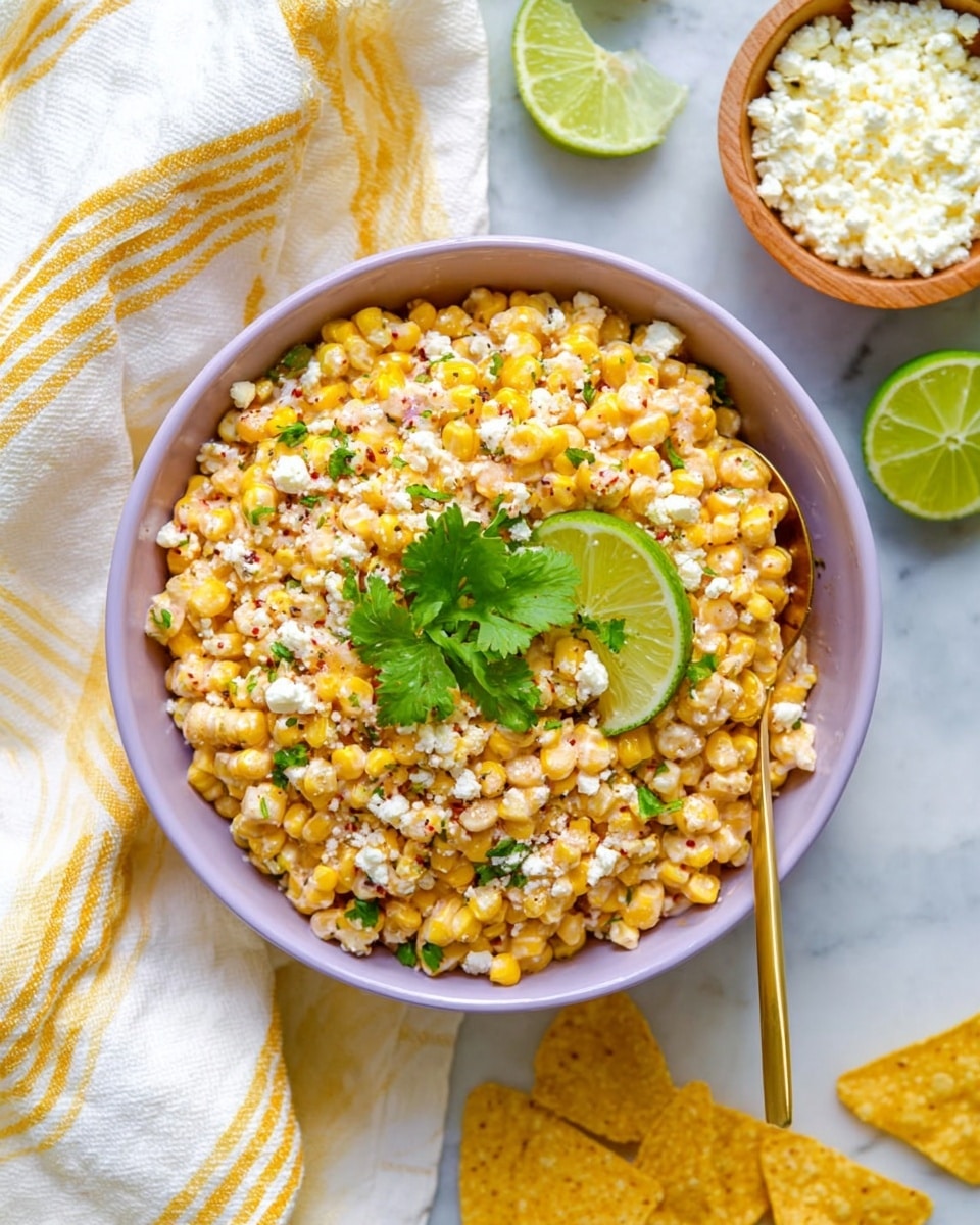 A light purple bowl filled with a creamy corn dish made of small yellow corn kernels mixed with a white sauce, sprinkled with crumbled white cheese and a dash of red spice. The corn salad is topped with a green cilantro sprig in the center and two bright green lime wedges tucked on one side. A metal spoon with a gold handle rests inside the bowl. The bowl sits on a white marbled surface with a yellow and white striped cloth draped on one side and yellow tortilla chips on the other. A small brown bowl with extra crumbled cheese is placed nearby. Photo taken with an iphone --ar 4:5 --v 7