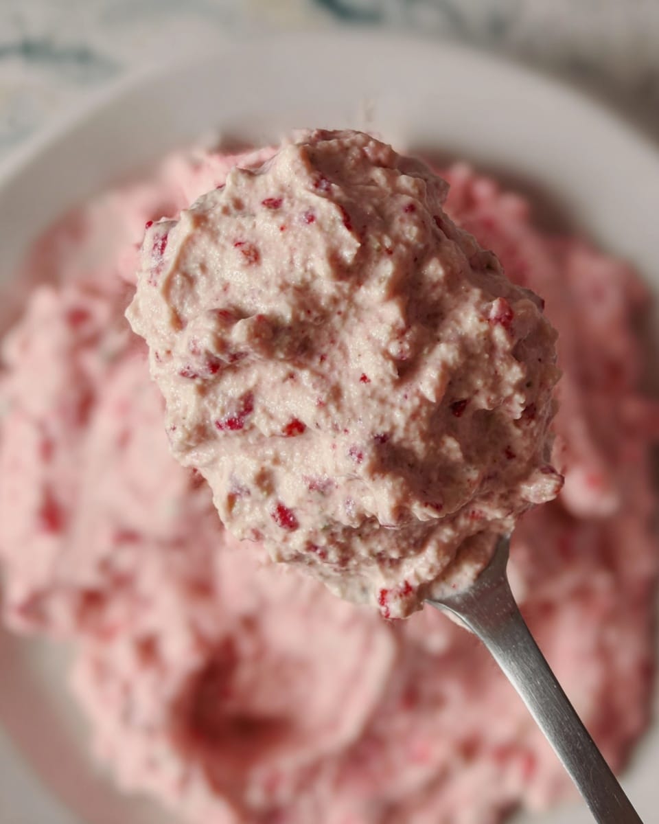 A close-up of a spoon holding a thick, creamy pink mixture with small red and white bits visible throughout, showing a textured, fluffy consistency. The background shows the same pink mixture spread out evenly in a flat layer, slightly blurred for depth. The setting is a white marbled surface with faint colored patterns in the out-of-focus background. photo taken with an iphone --ar 4:5 --v 7