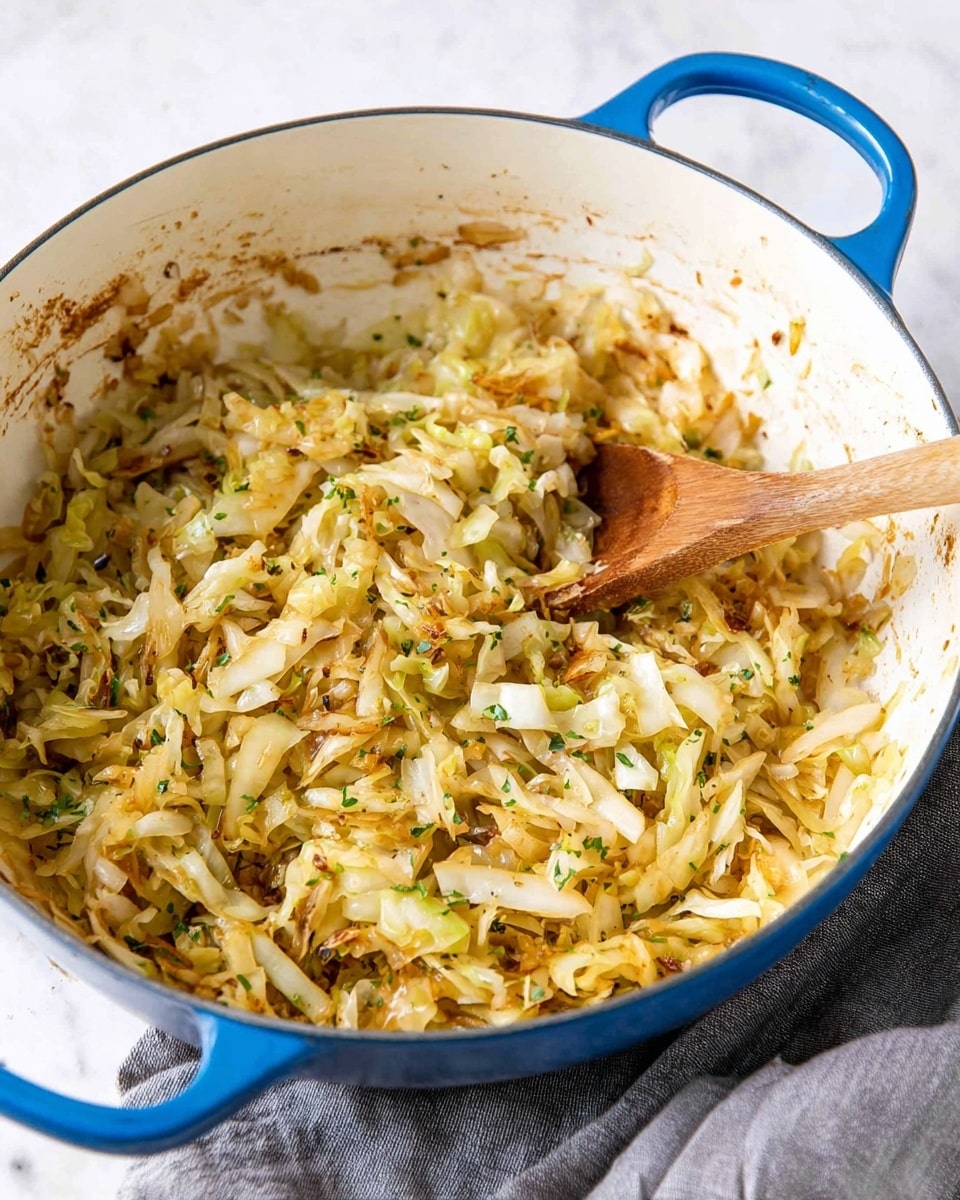 A close-up view of a thick layer of cooked shredded cabbage mixed with small chopped onions and herbs, showing light golden and slightly browned textures throughout. The cooked cabbage fills a deep white enameled pan with a blue handle, with some bits sticking to the sides of the pan. A wooden spoon is partially visible inside the pan, mixing the cabbage. The pan sits on a white marbled surface with a gray cloth nearby. photo taken with an iphone --ar 4:5 --v 7