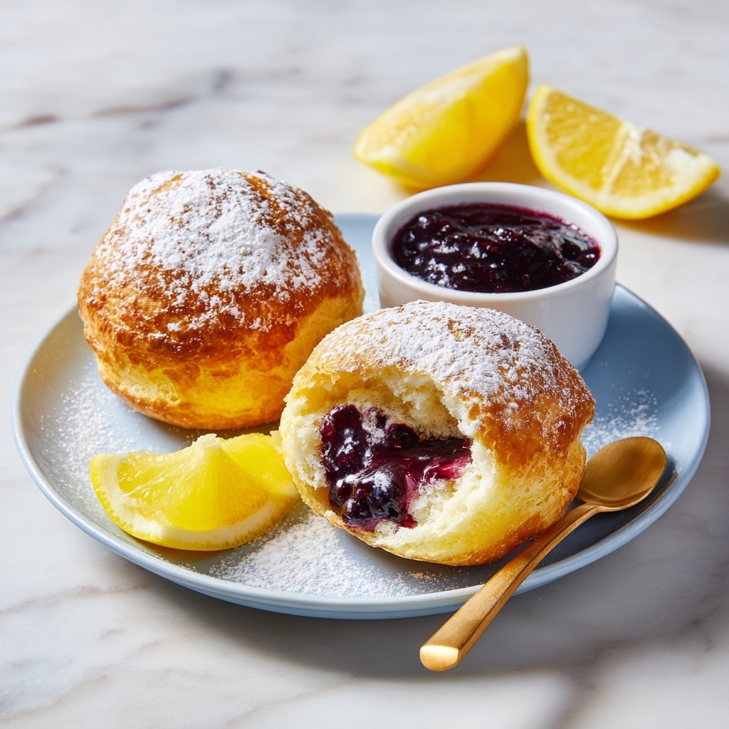 Two small yellow cream puffs with a golden brown crust, one cut open to show dark purple jam inside, dusted with white powdered sugar on top and around. They sit on a white plate with a light blue tint, which also holds a small white bowl filled with dark purple jam and three yellow lemon wedges. A wooden-handled spoon rests on the plate beside the cream puffs. The setting is on a white marbled textured surface. photo taken with an iphone --ar 4:5 --v 7