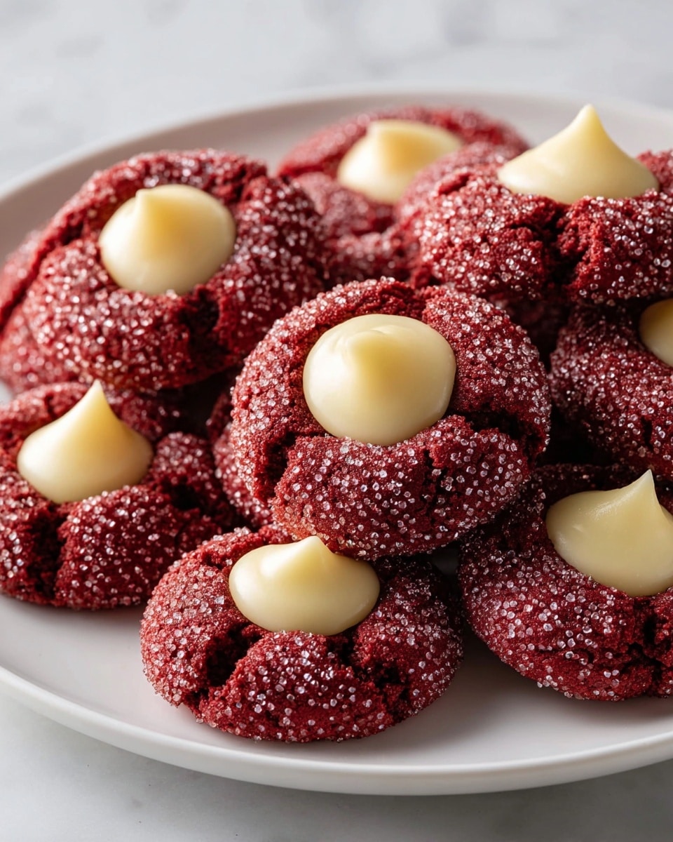 This image shows a white plate filled with small round red cookies covered in sugar crystals. Each cookie has a deep reddish-brown color with a cracked texture on the edges, giving a crumbly look. In the center of each cookie, there is a smooth, thick dollop of pale cream-colored frosting with a soft peak on top. The cookies are stacked closely together on a white marbled surface background, emphasizing their bright color and shiny sugar coating. photo taken with an iphone --ar 4:5 --v 7