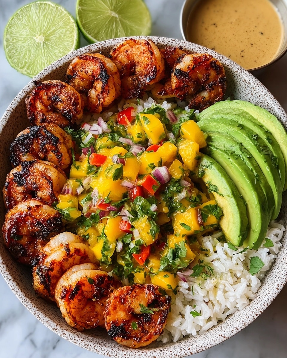 The image shows a white bowl filled with several layers: at the bottom is a base of white rice, topped with a large serving of grilled shrimp that have a charred, slightly blackened texture and are drizzled with a creamy orange sauce. On one side of the shrimp, there is a bright mango salsa with small yellow mango cubes, red onion, tomato, and chopped green herbs, adding a fresh and colorful contrast. On the other side, neatly sliced green avocado fanned out in thin, smooth layers. A creamy orange sauce is being poured over the center of the bowl, creating a soft stream falling onto the shrimp and salsa. The bowl rests on a white marbled surface. Photo taken with an iphone --ar 4:5 --v 7