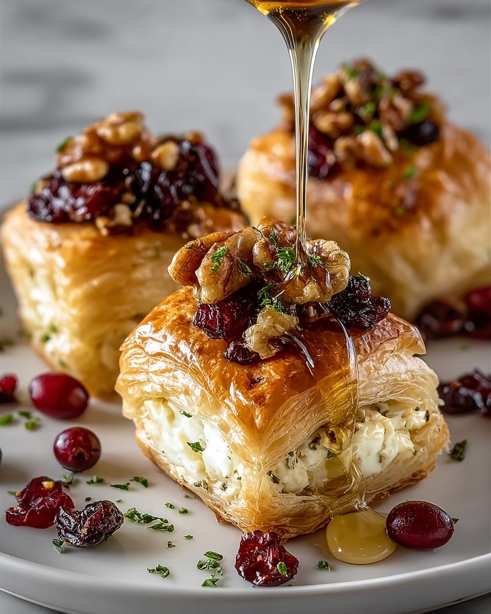 Three square-shaped pastries sit on a white plate with a white marbled texture beneath it. Each pastry has a crispy, shiny golden-brown puff pastry outer layer that looks flaky and light. Inside, the pastries have a creamy white cheese filling, visible through the gentle folds of the puff pastry. The top is covered with a mix of glossy toasted walnuts and dark red dried cranberries. Clear amber honey is being poured over the pastry in the front, dripping down the sides and pooling on the plate around bright red pomegranate seeds and bits of chopped parsley scattered on top and nearby. photo taken with an iphone --ar 4:5 --v 7